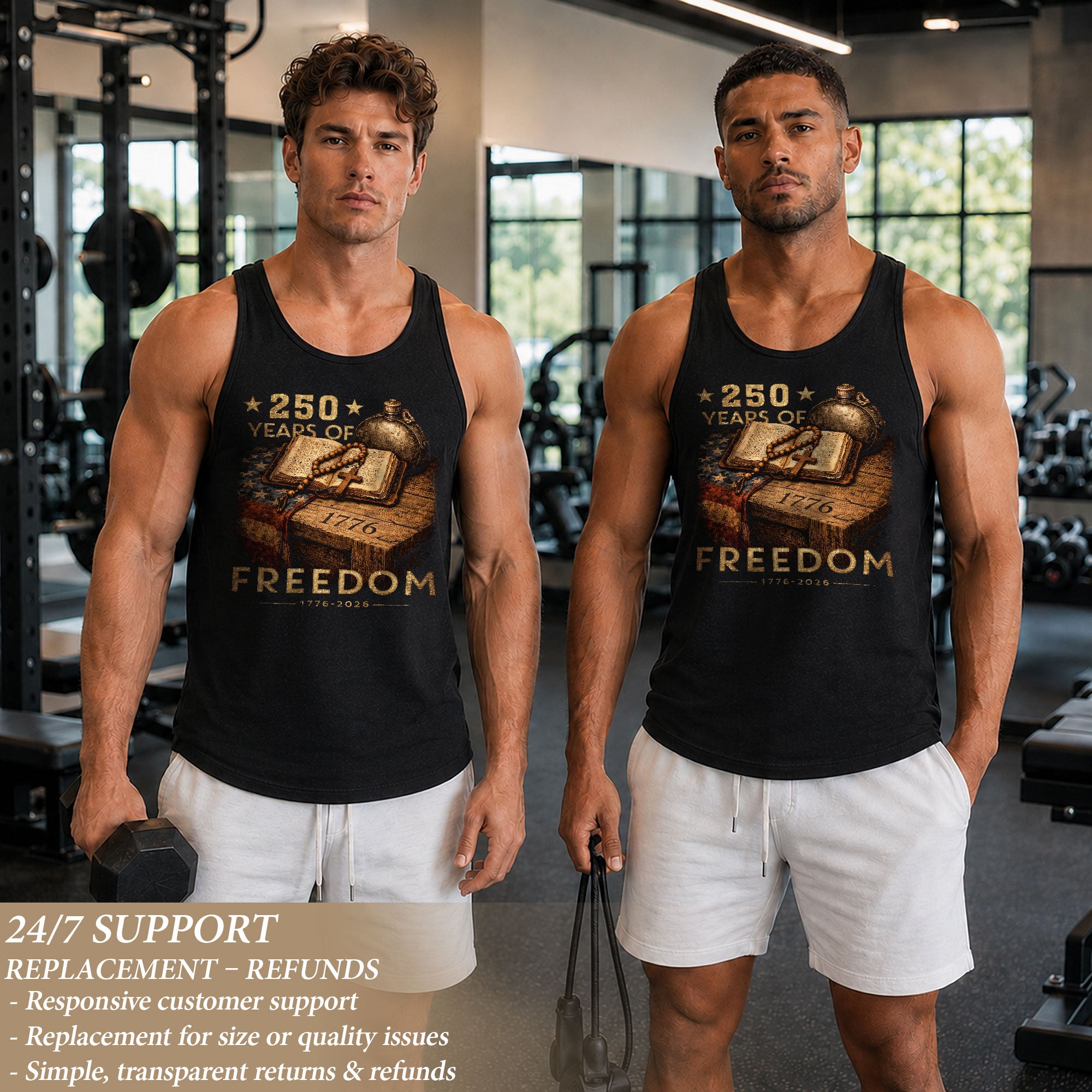 Tank Top Men Patriotic Bible Cross 1776-2026 250 Years Of Freedom Christian Summer Vest