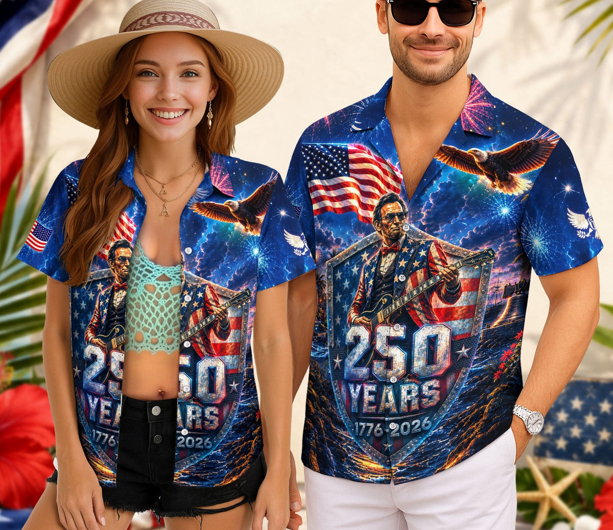 Hawaiian Shirt Patriotic 250th Anniversary Abraham Lincoln Eagle Fireworks - Rust Field Wear