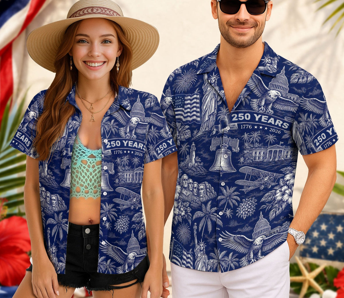 Hawaiian Shirt 250th Anniversary Vintage Patriotic Blue Toile All Over Print - Rust Field Wear