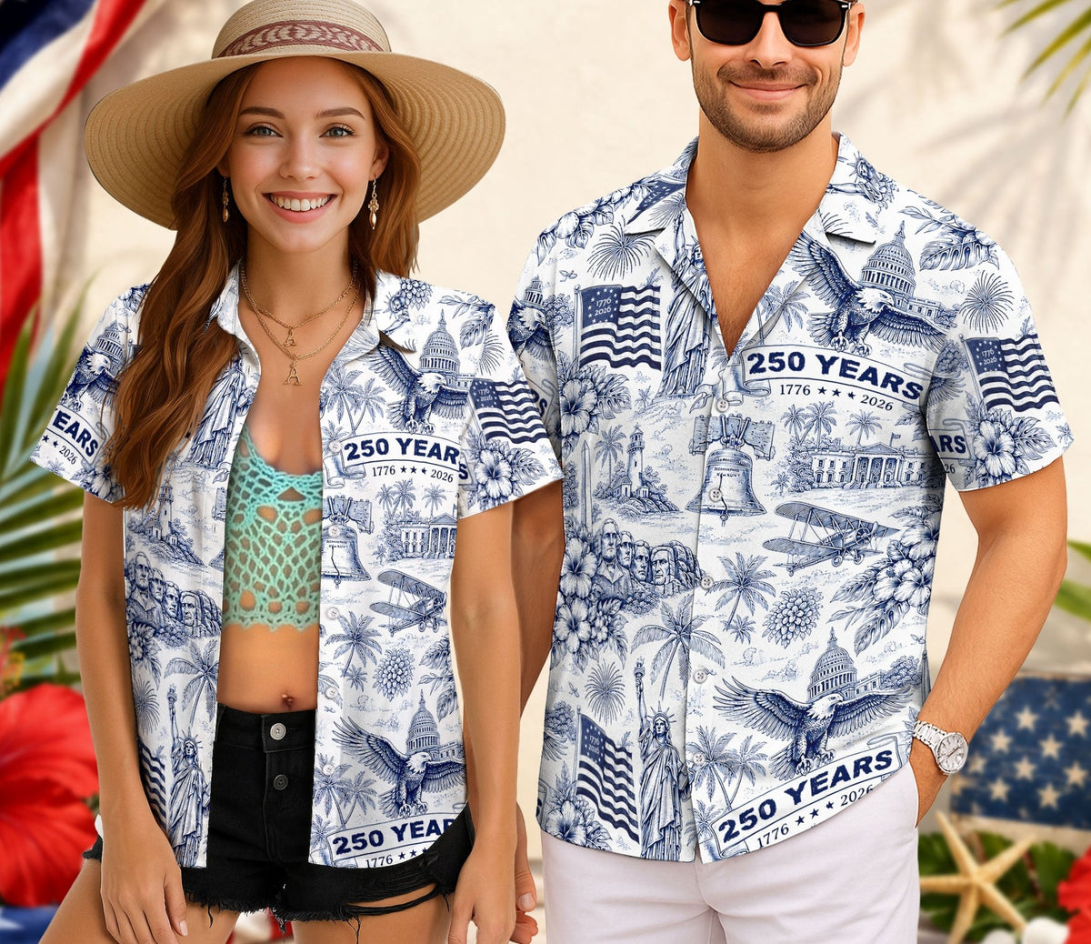 Hawaiian Shirt 250th Anniversary Vintage Patriotic White Toile All Over Print - Rust Field Wear