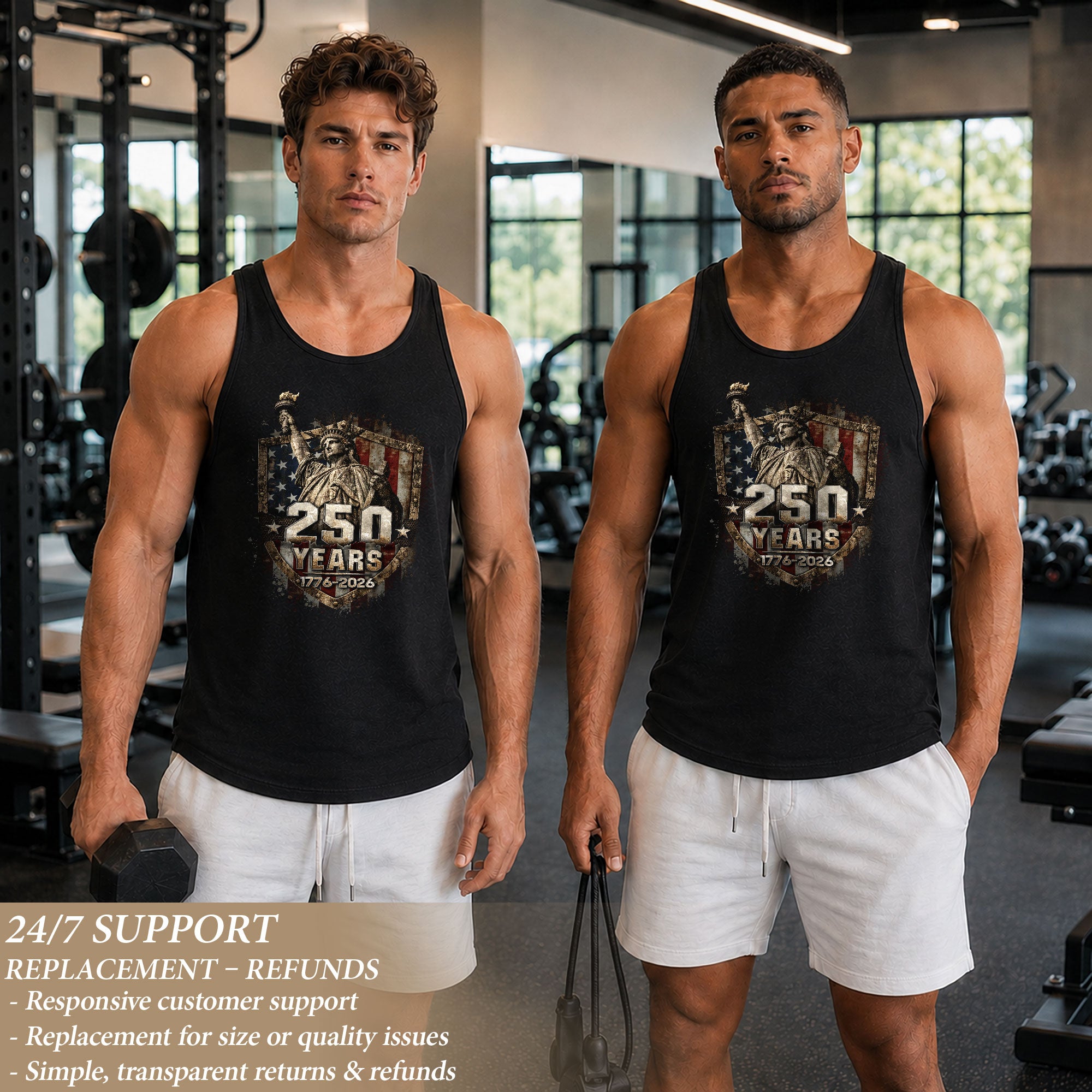 Statue of Liberty Shield Tank Top 1776-2026 Patriotic Retro Men Graphic Sleeveless Shirt