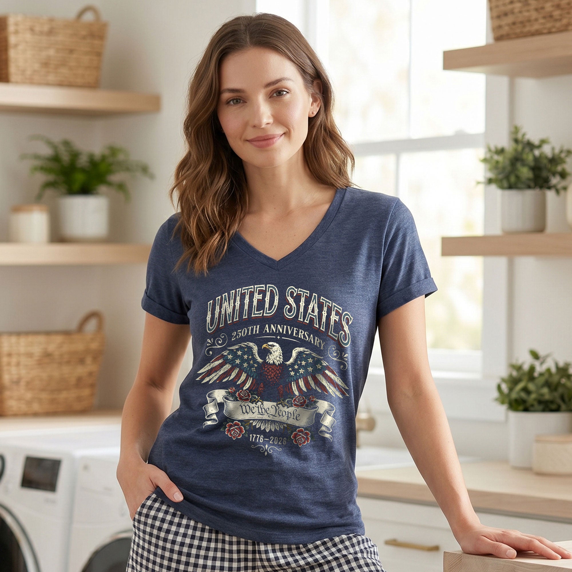 Womens 250th Anniversary V Neck Shirt Vintage Patriotic Eagle Rose 1776 2026 Tee
