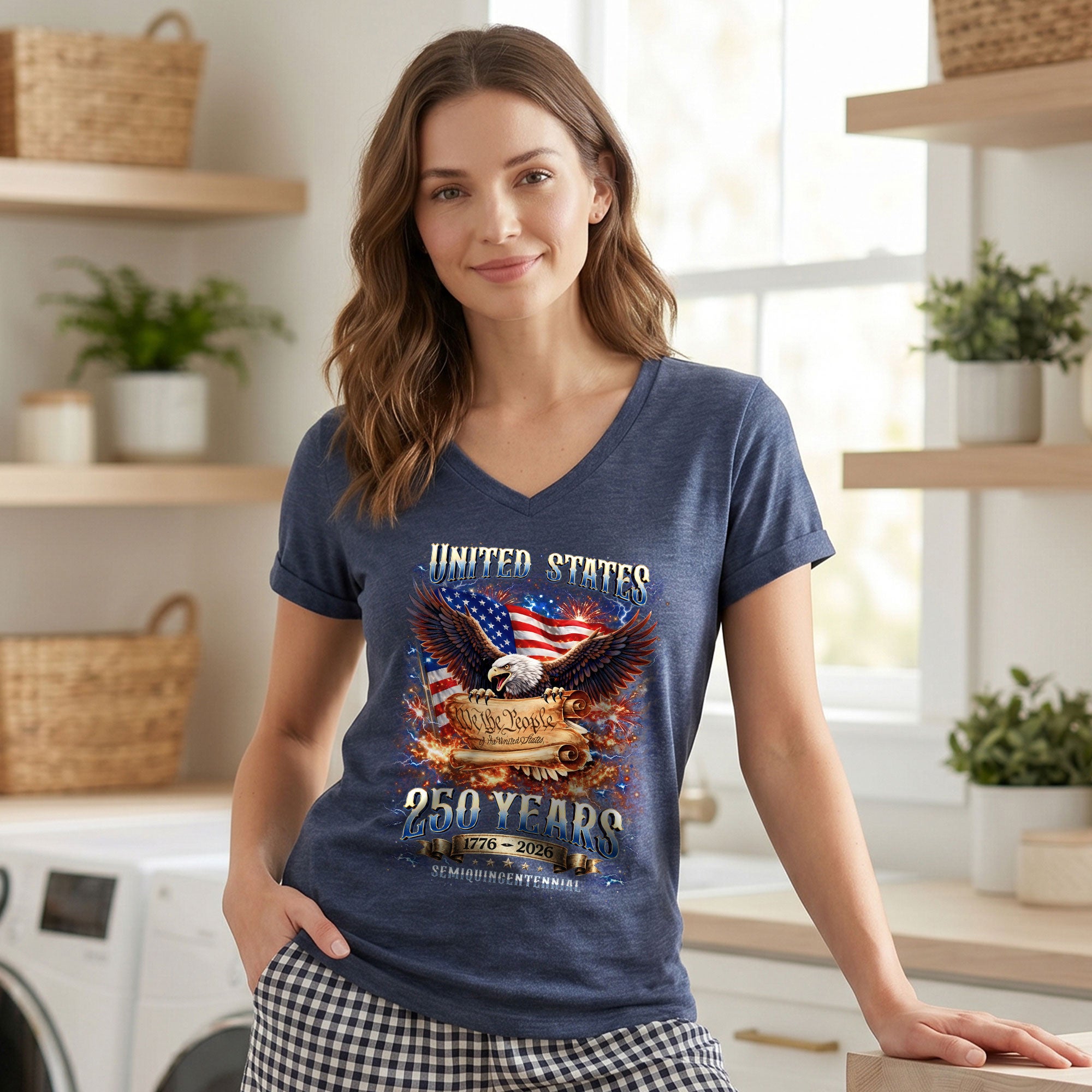 United States 250 Years Womens V Neck Shirt Retro We The People Firework Eagle Top