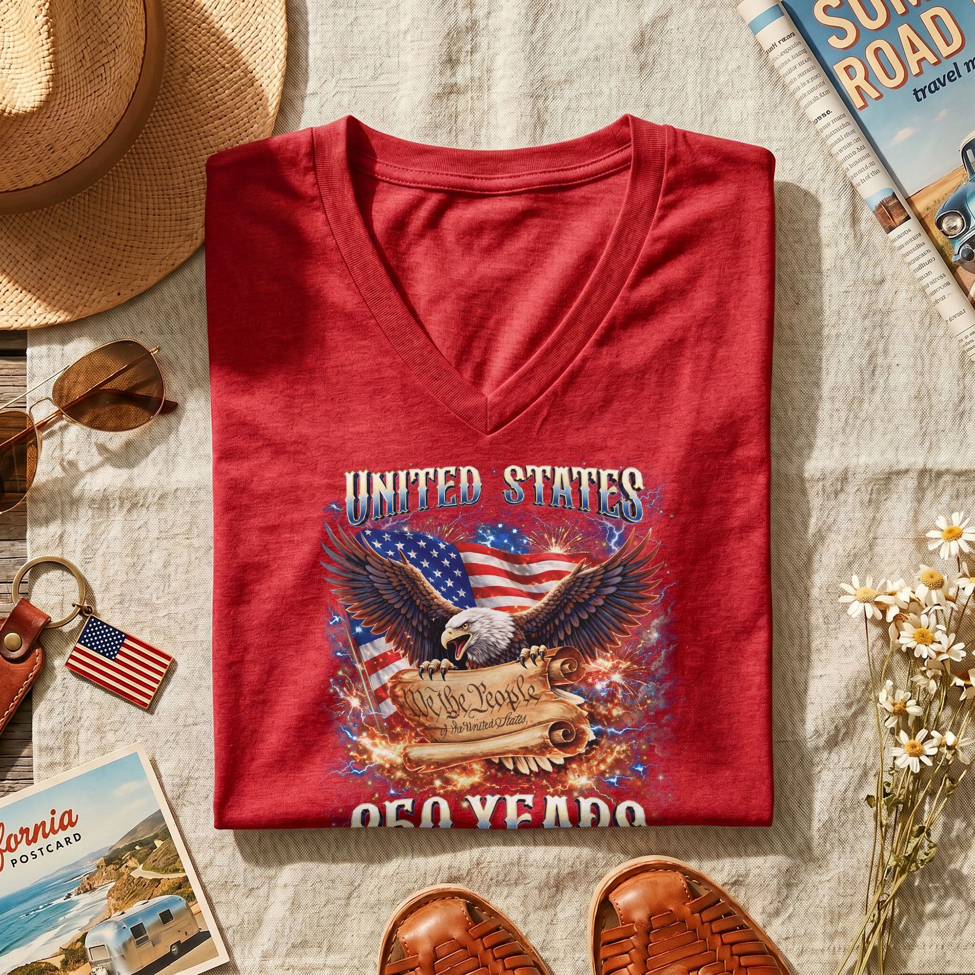 United States 250 Years Womens V Neck Shirt Retro We The People Firework Eagle Top