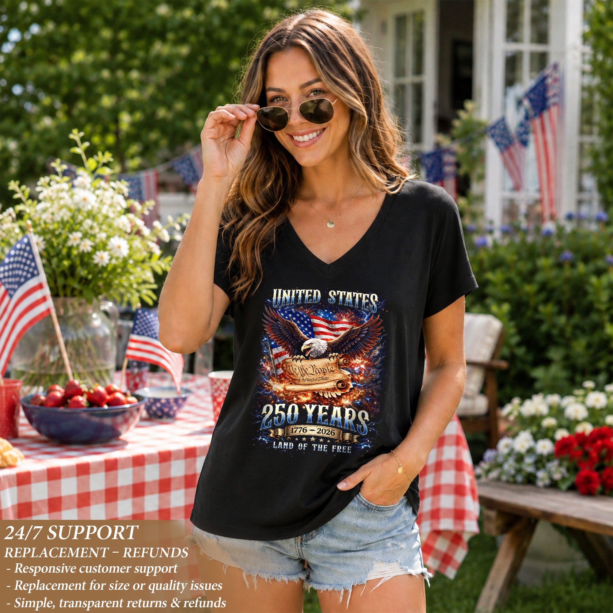 United States 250 Years Womens V Neck Shirt Retro We The People Firework Eagle Top