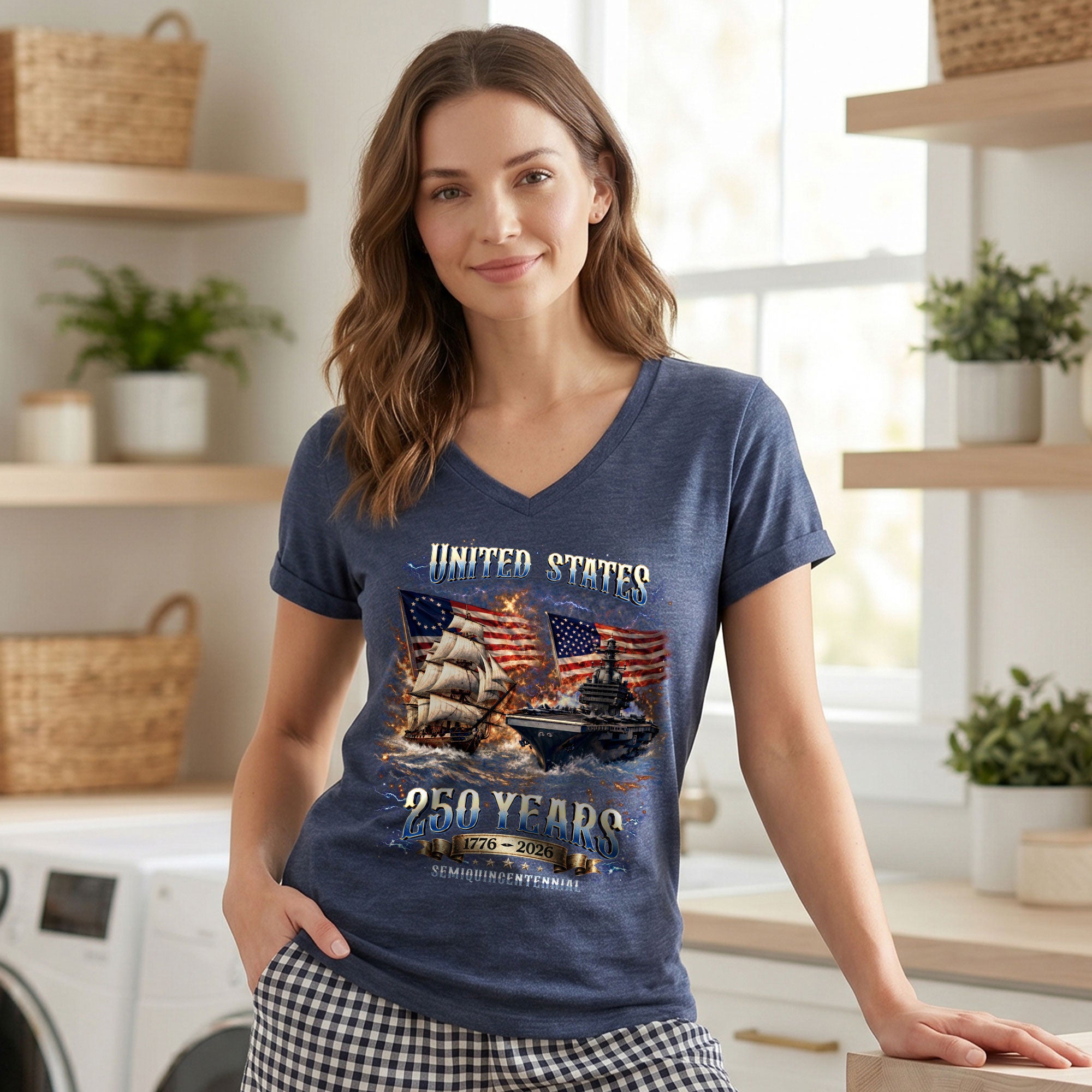 Patriotic Ship Womens V Neck Shirt Cool Military Flag Vintage 250 Years 1776 2026 Tee