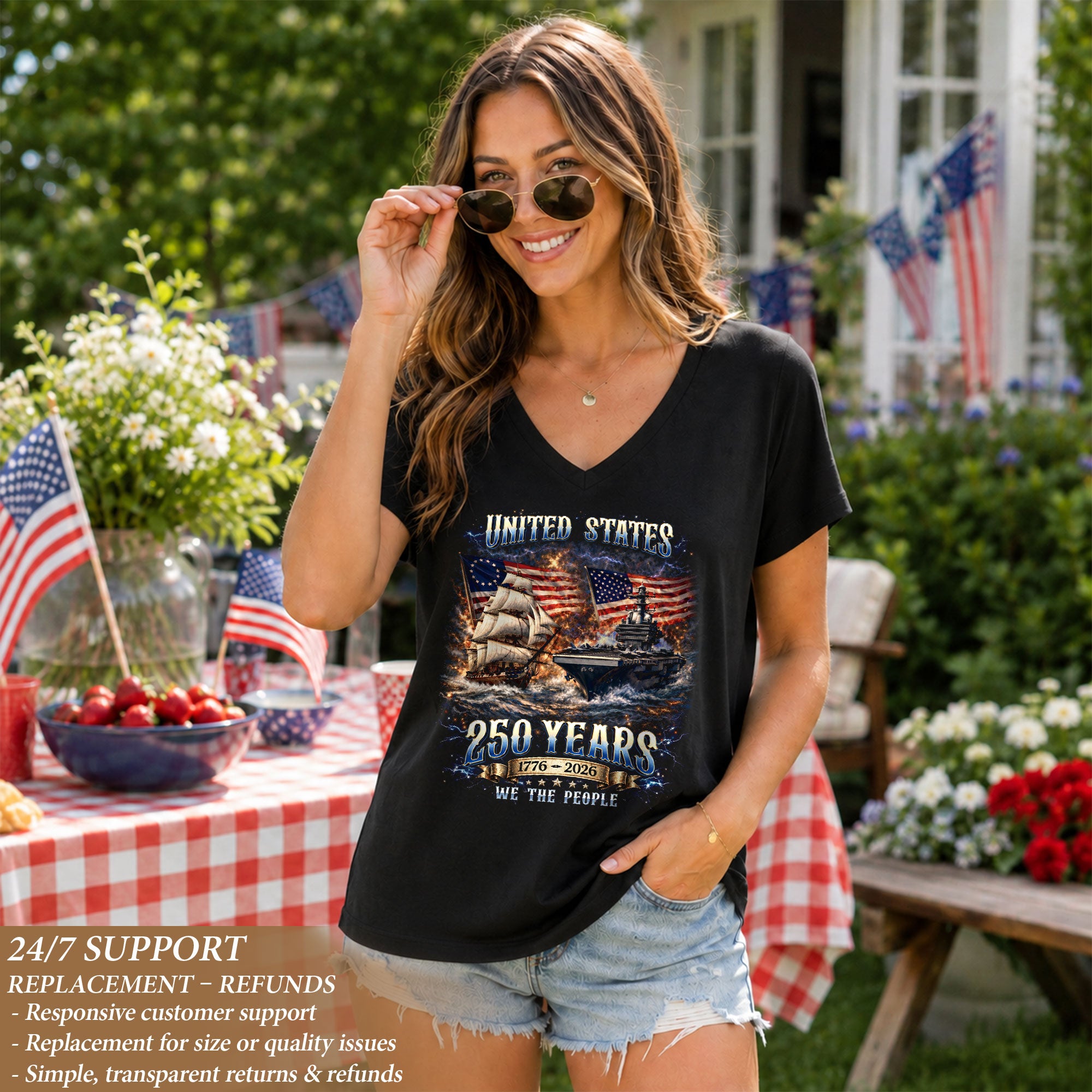 Patriotic Ship Womens V Neck Shirt Cool Military Flag Vintage 250 Years 1776 2026 Tee