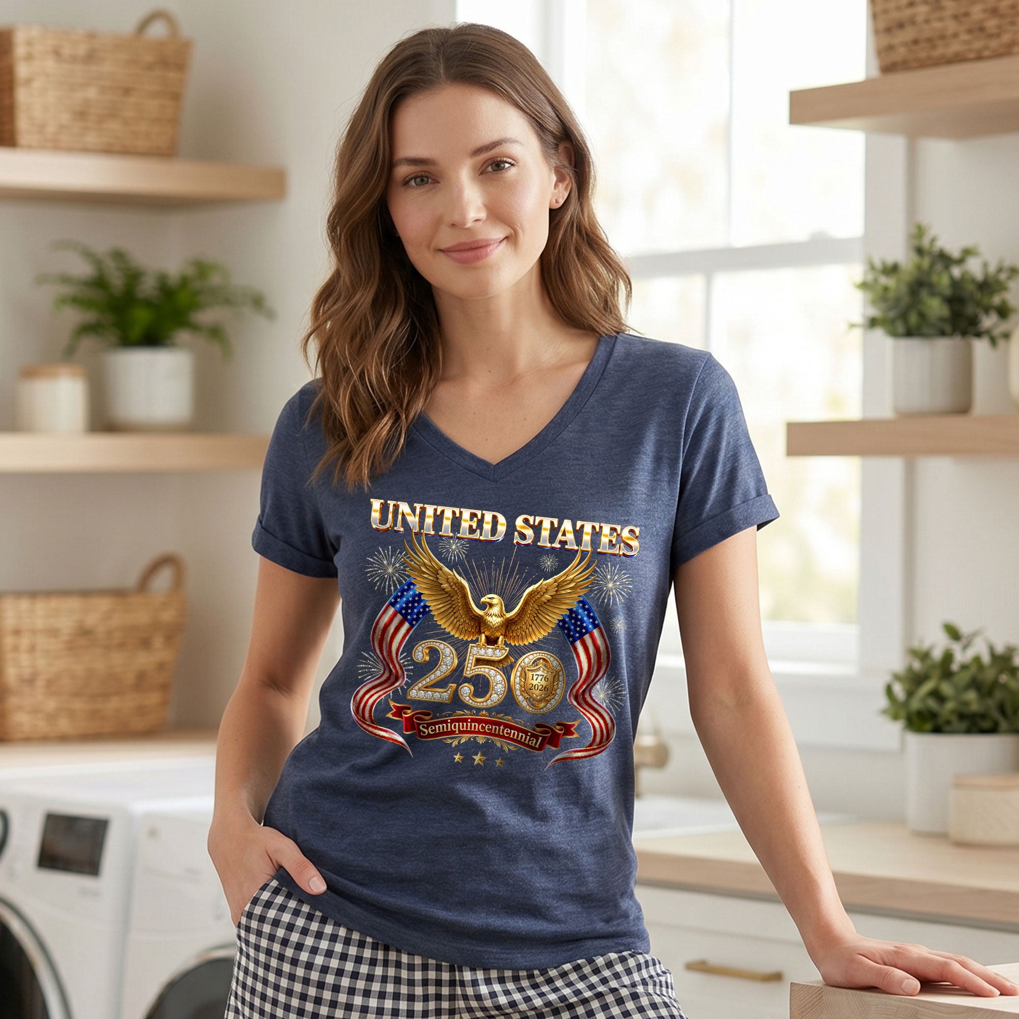 United States 250 Year Anniversary T Shirt Patriotic American V Neck Graphic Tee Unisex