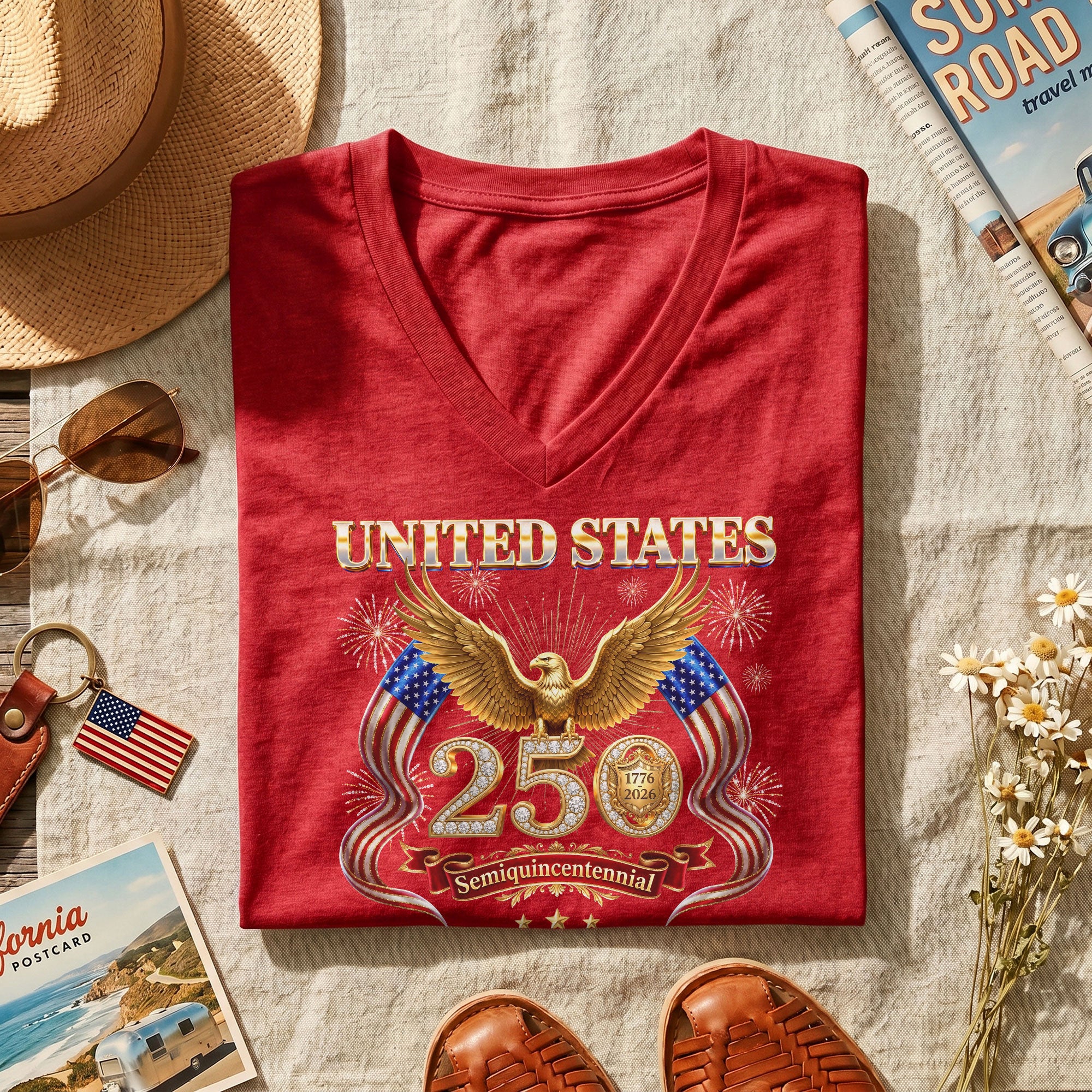 United States 250 Year Anniversary T Shirt Patriotic American V Neck Graphic Tee Unisex