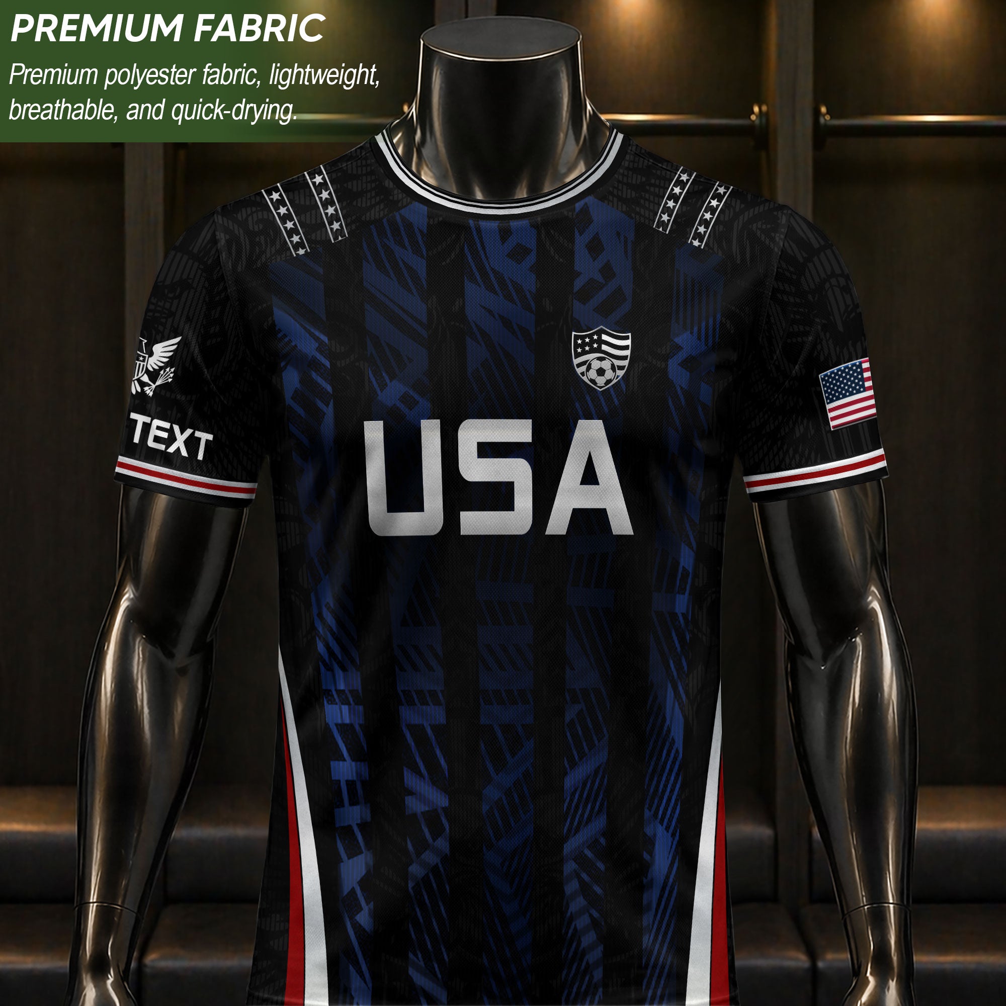 USA Soccer Jersey Custom Name Number Patriotic Black Stripes Football Team Shirt