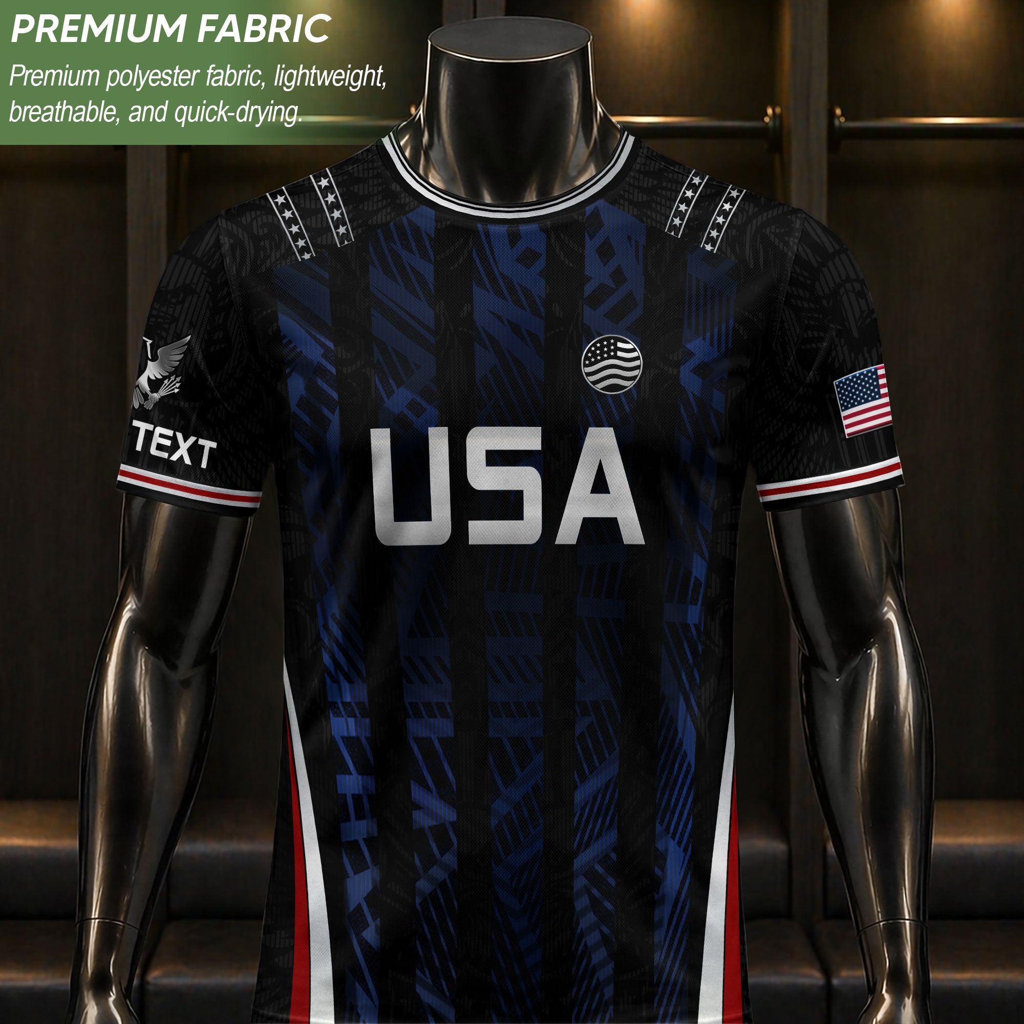 USA Soccer Jersey Custom Name Number Patriotic Black Stripes Football Team Shirt
