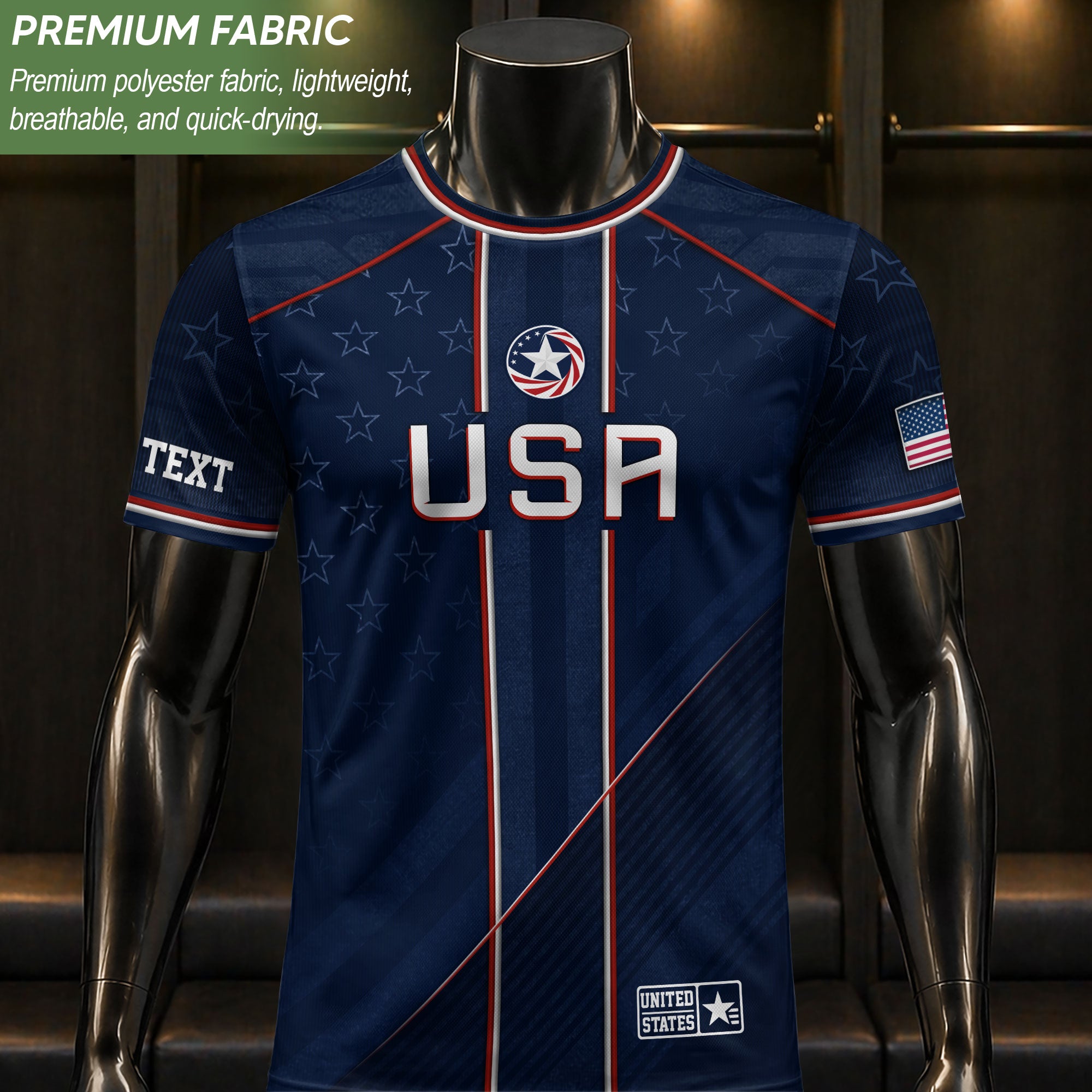 USA Team Football Shirt Custom Name Number Patriotic Navy Blue Stripes Athletic Sportswear
