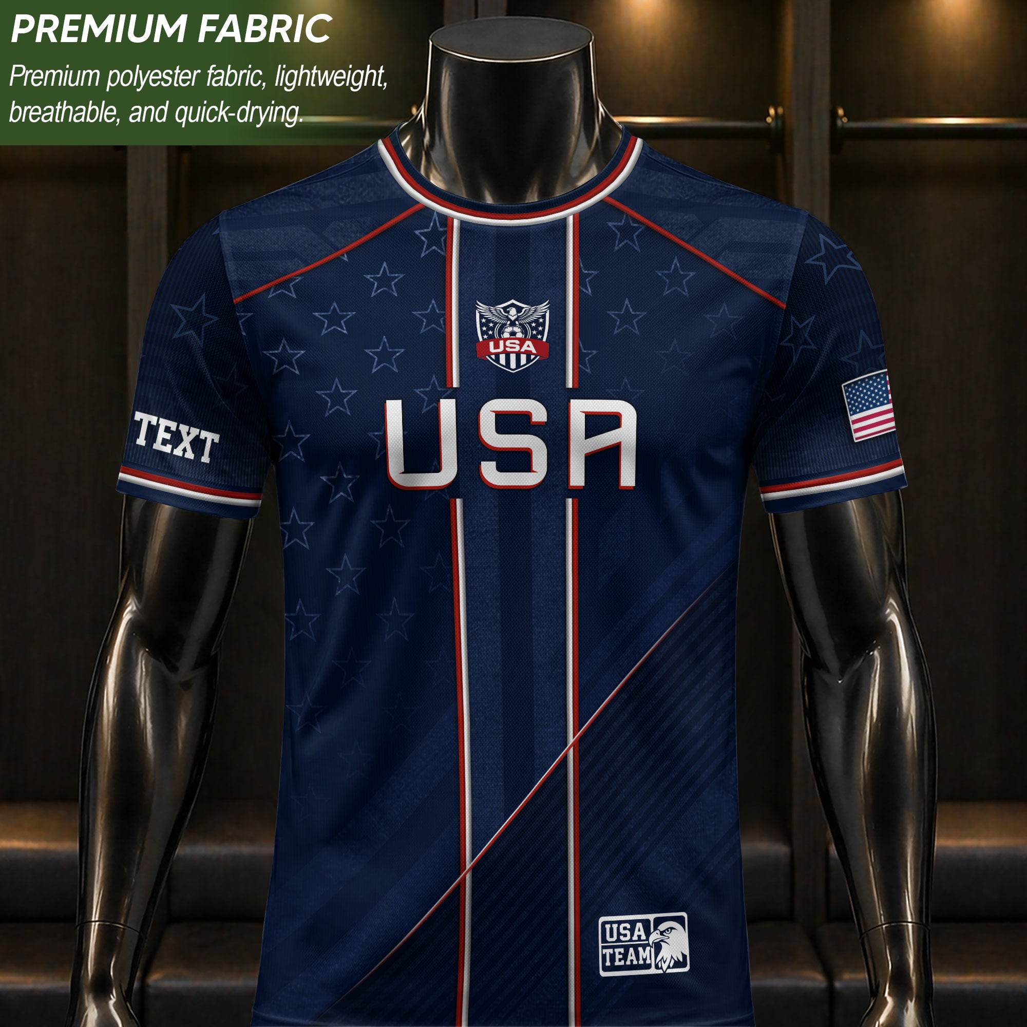 USA Team Football Shirt Custom Name Number Patriotic Navy Blue Stripes Athletic Sportswear