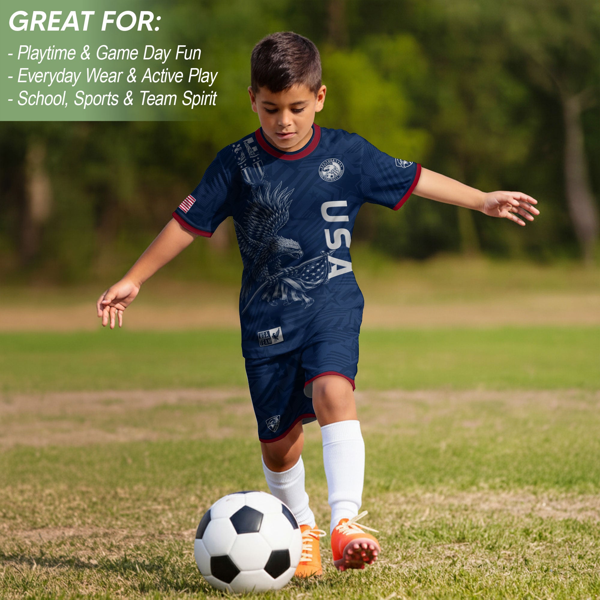 USA Kid Soccer Jersey Majestic Eagle Holding Flag Football Shirt Navy Youth Sports Top