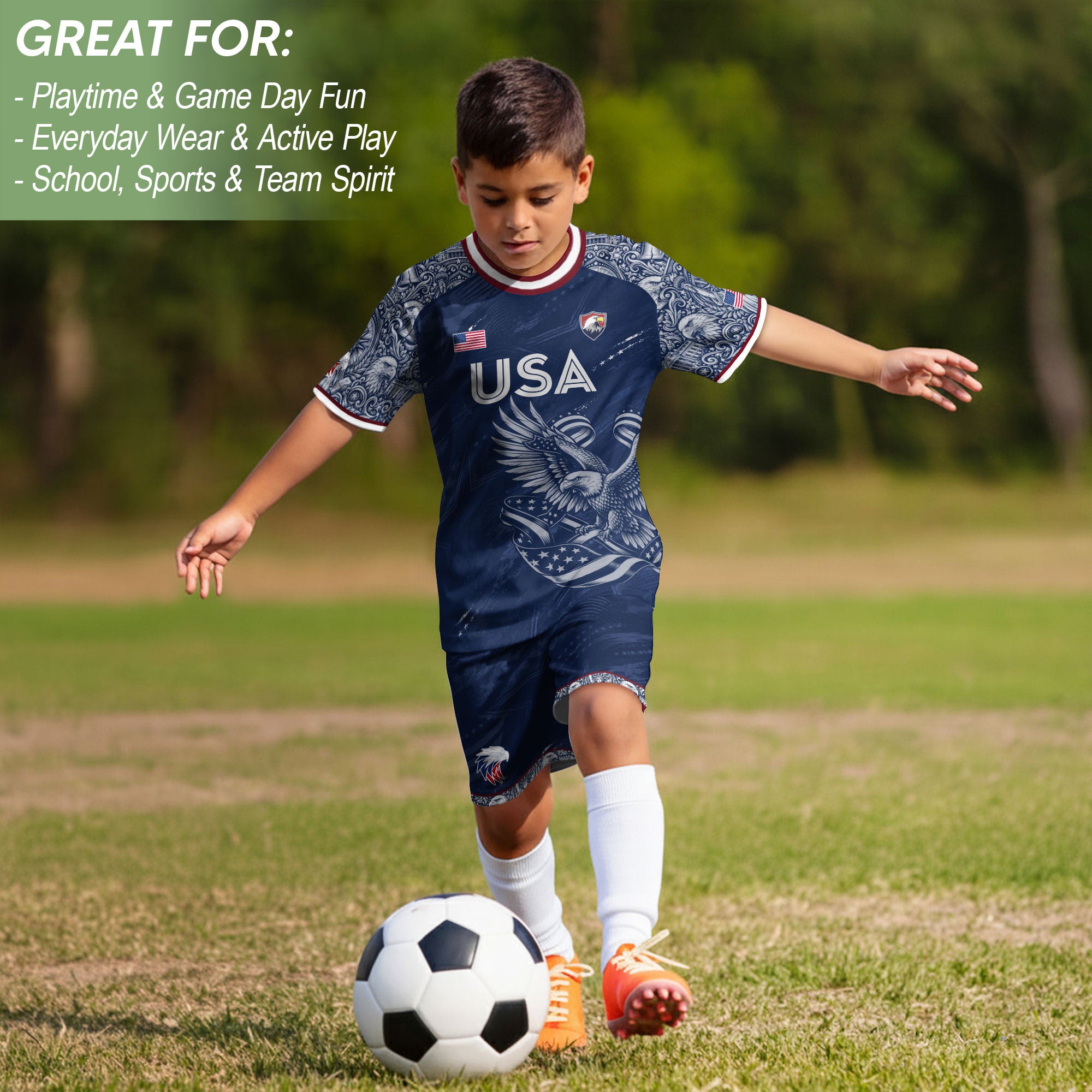 USA Kid Soccer Jersey Statue of Liberty Eagle Football Shirt Navy Youth Graphic Top