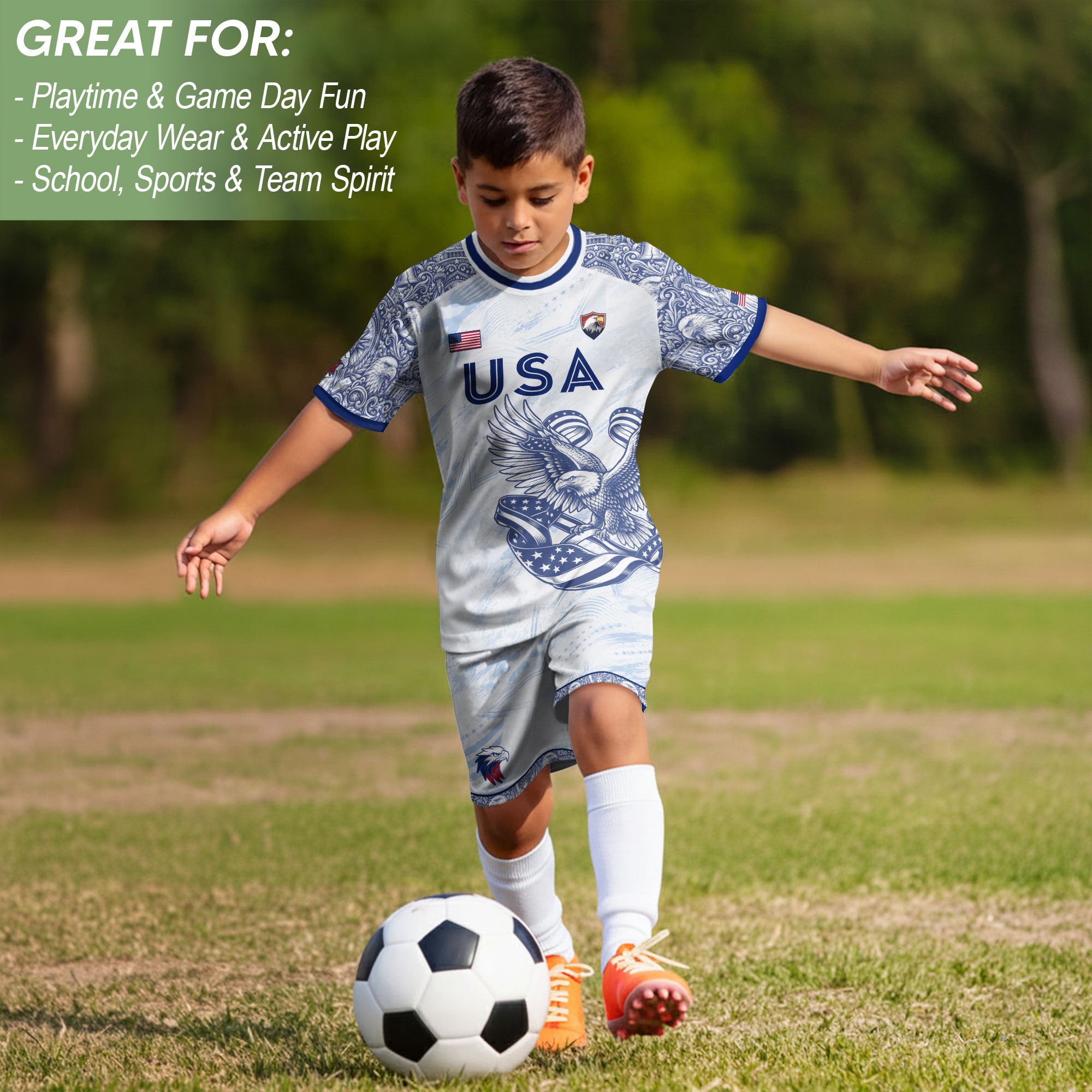 USA Kid Soccer Jersey Statue of Liberty Eagle Football Shirt White Youth Graphic Top