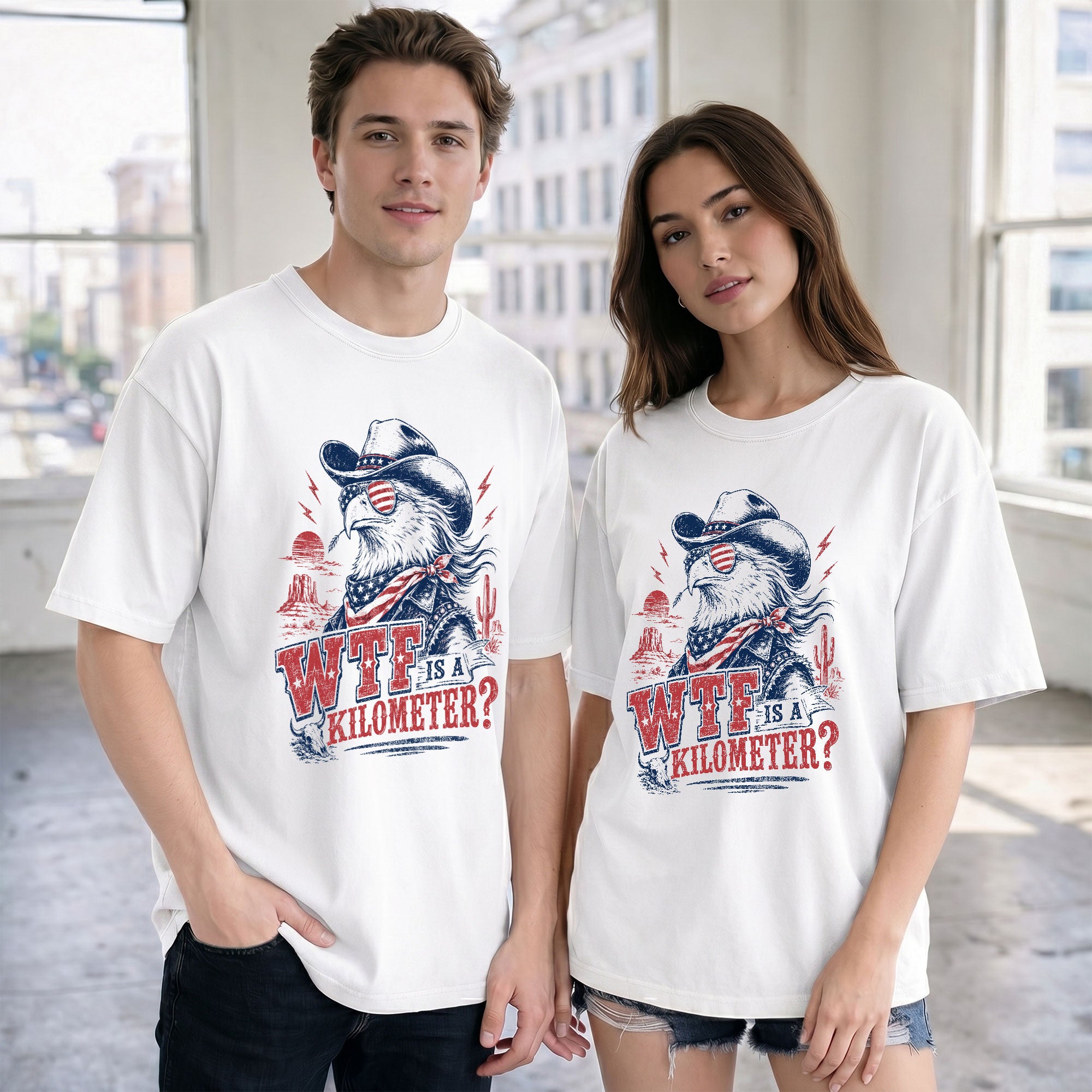 Funny USA Patriot Tee WTF Is A Kilometer Graphic Shirt Vintage Cowboy Eagle Design