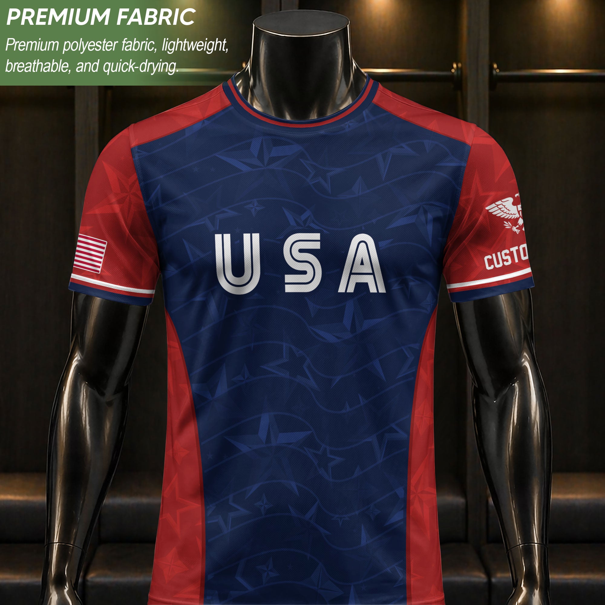 Custom Name Number USA Soccer Jersey Patriotic Stars Stripes Sports Team Shirt
