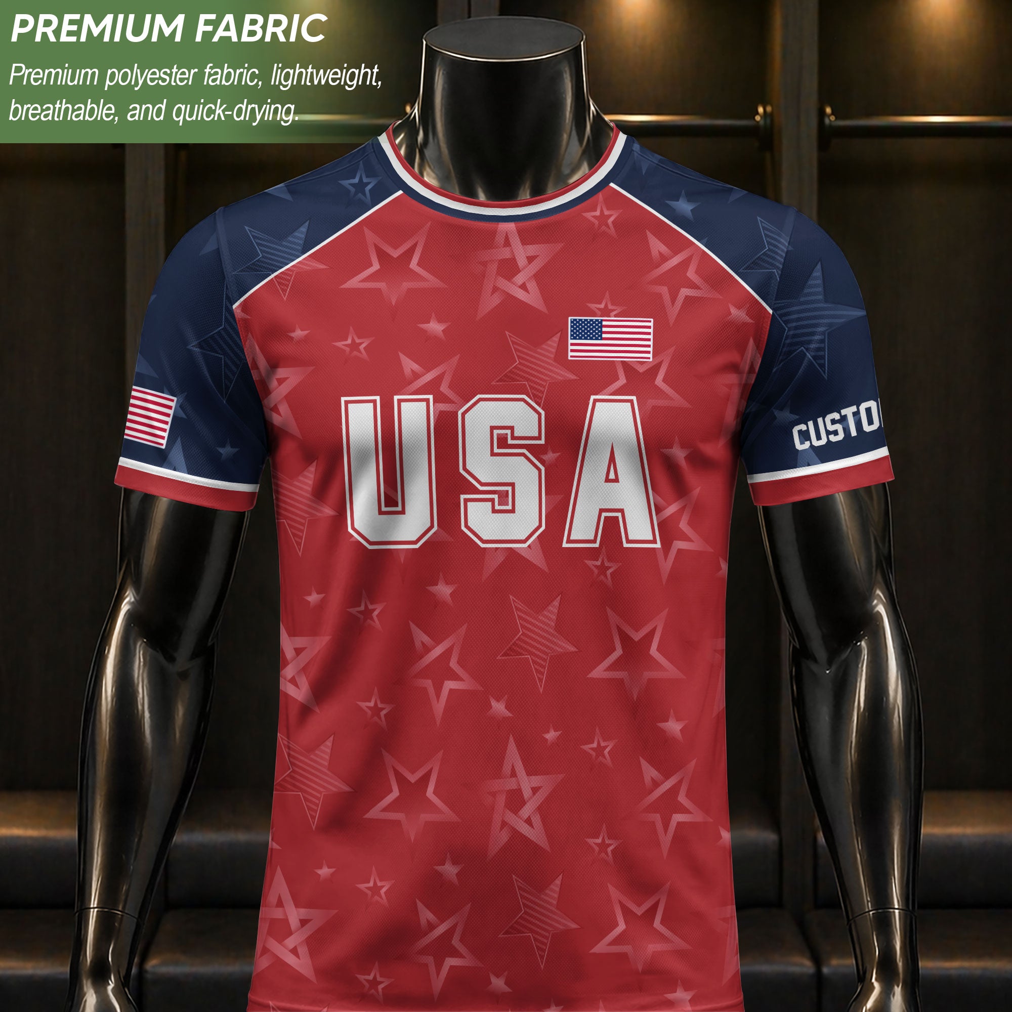 Custom Name Number USA Soccer Jersey Red Raglan Patriotic Stars Football Team Shirt