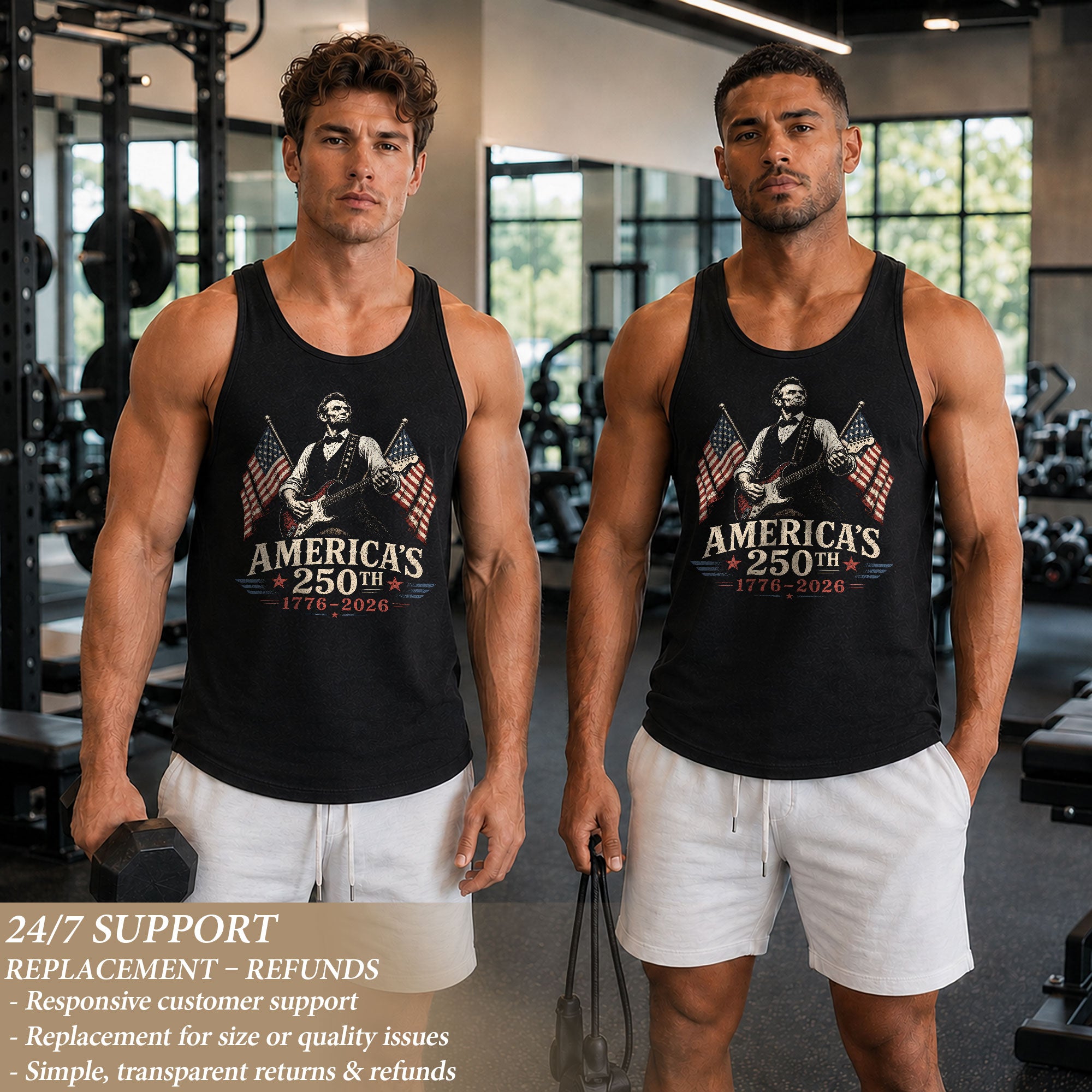 Lincoln Rock Guitar Men Tank Top Vintage 1776-2026 Patriotic Sleeveless Shirt