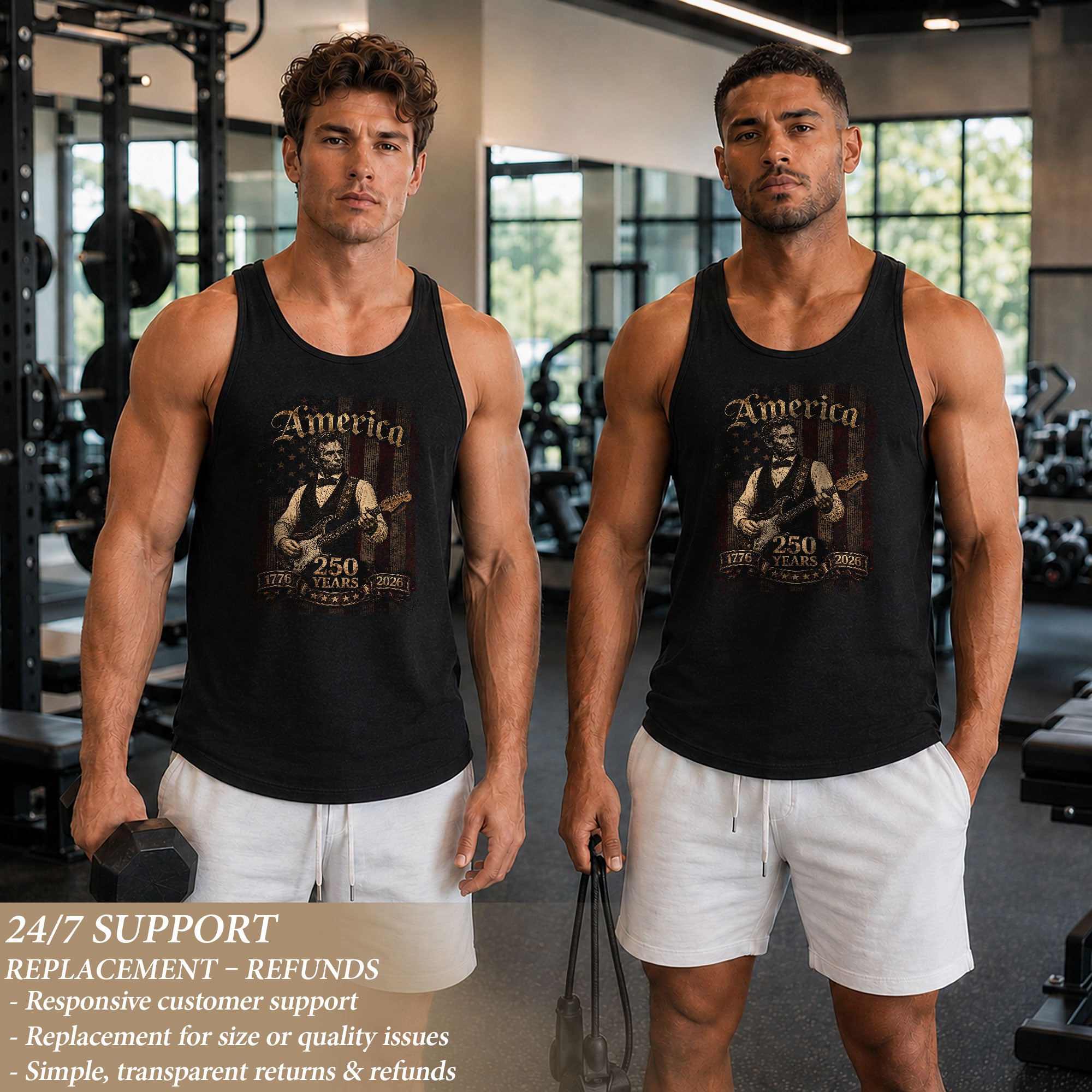 Abraham Lincoln Guitar Tank Top 1776-2026 Patriotic Vintage Men Graphic Shirt
