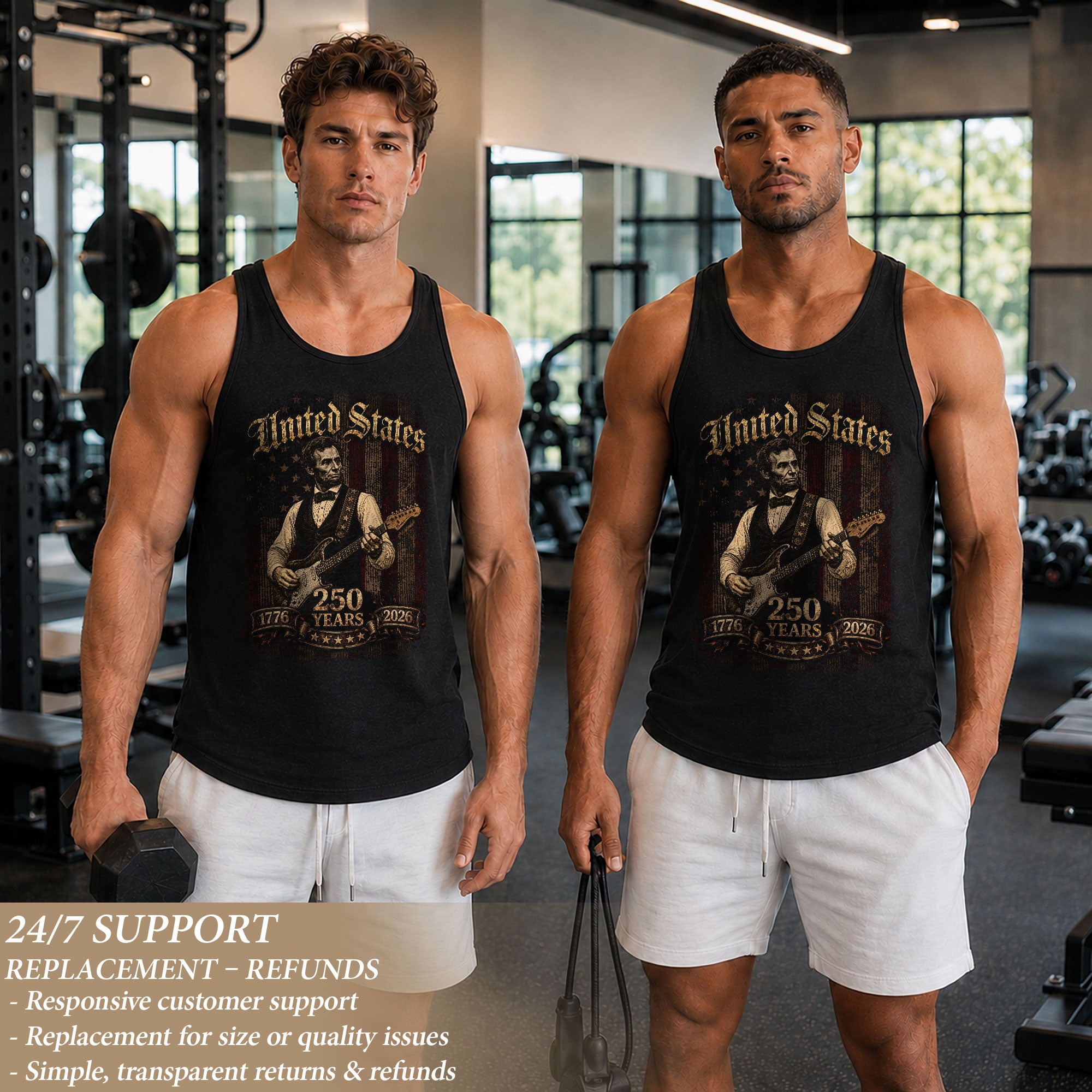 Abraham Lincoln Guitar Tank Top 1776-2026 Patriotic Vintage Men Graphic Shirt