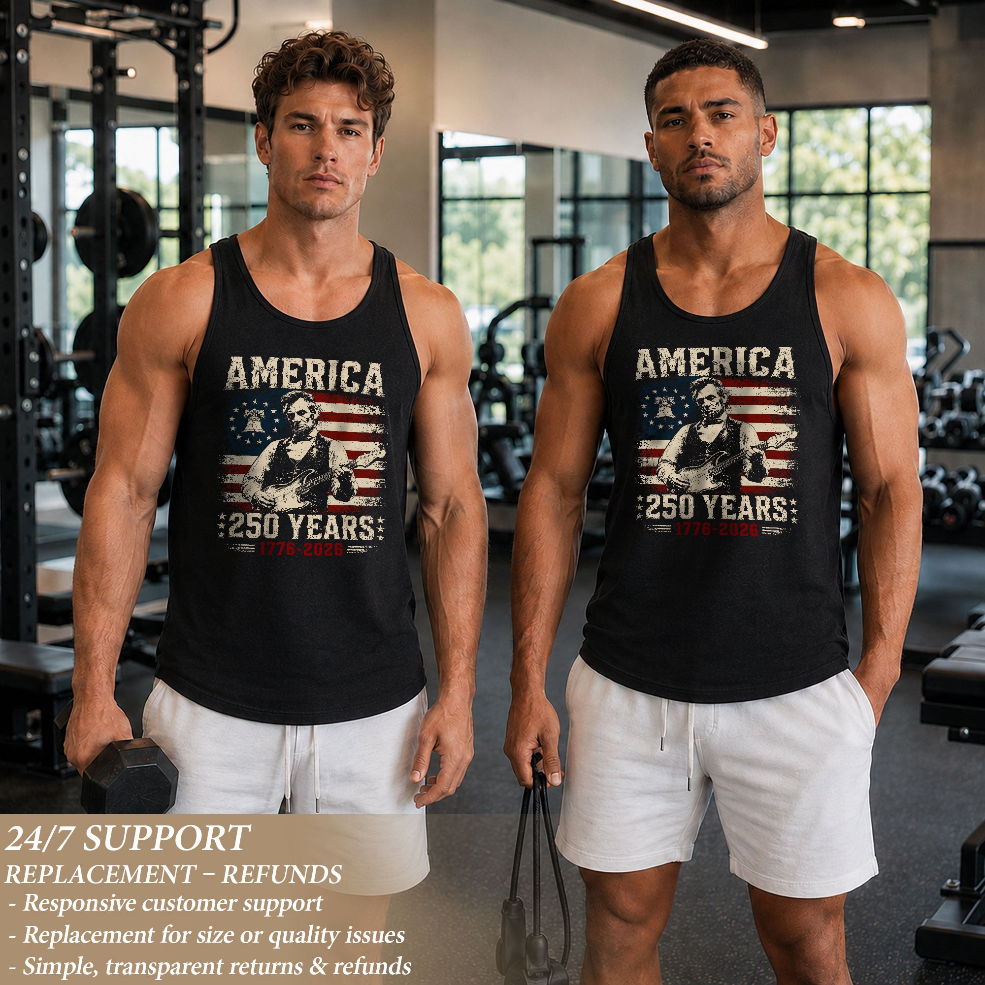 Lincoln Liberty Bell Guitar Tank Top 1776-2026 Patriotic Vintage Men Graphic Shirt