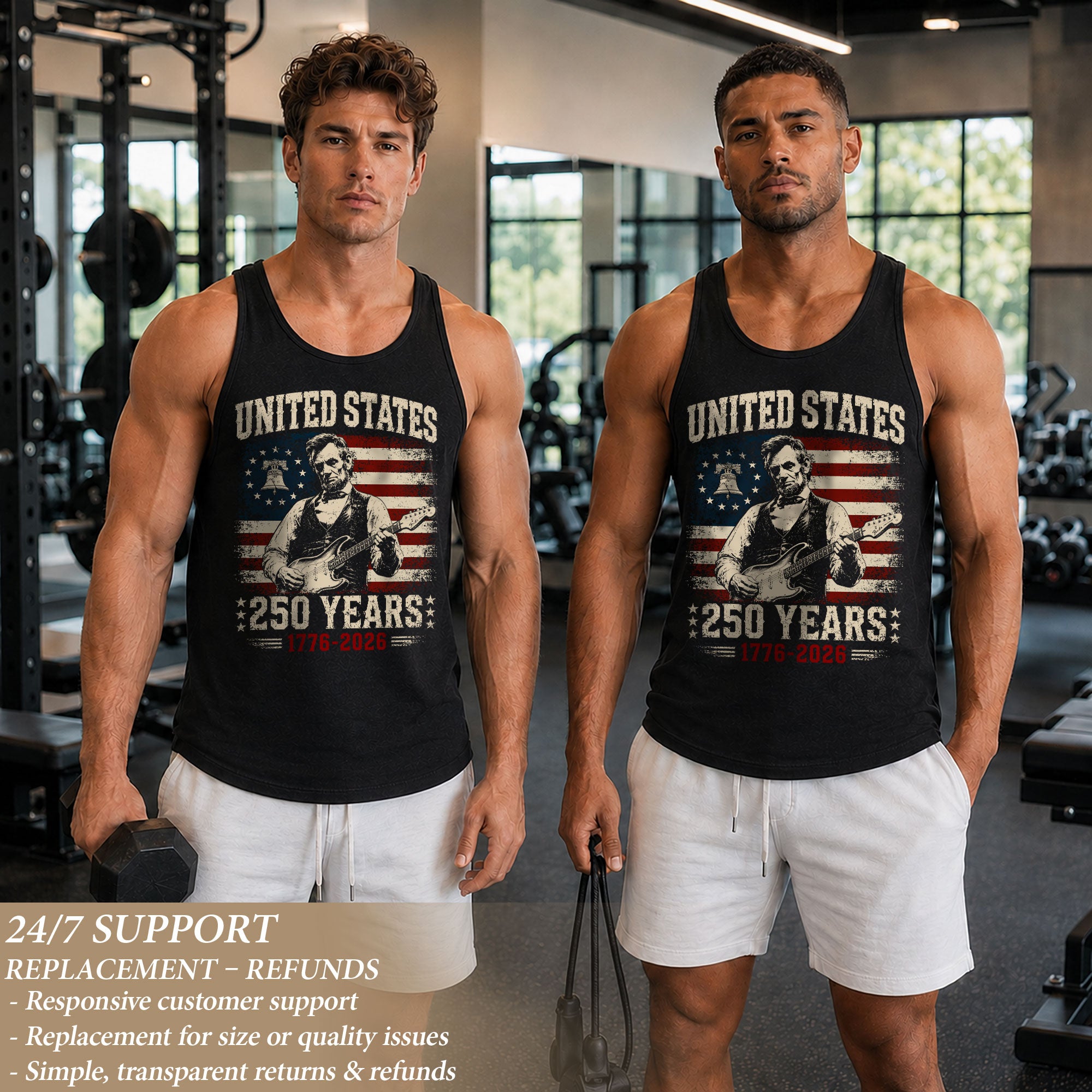 Lincoln Liberty Bell Guitar Tank Top 1776-2026 Patriotic Vintage Men Graphic Shirt