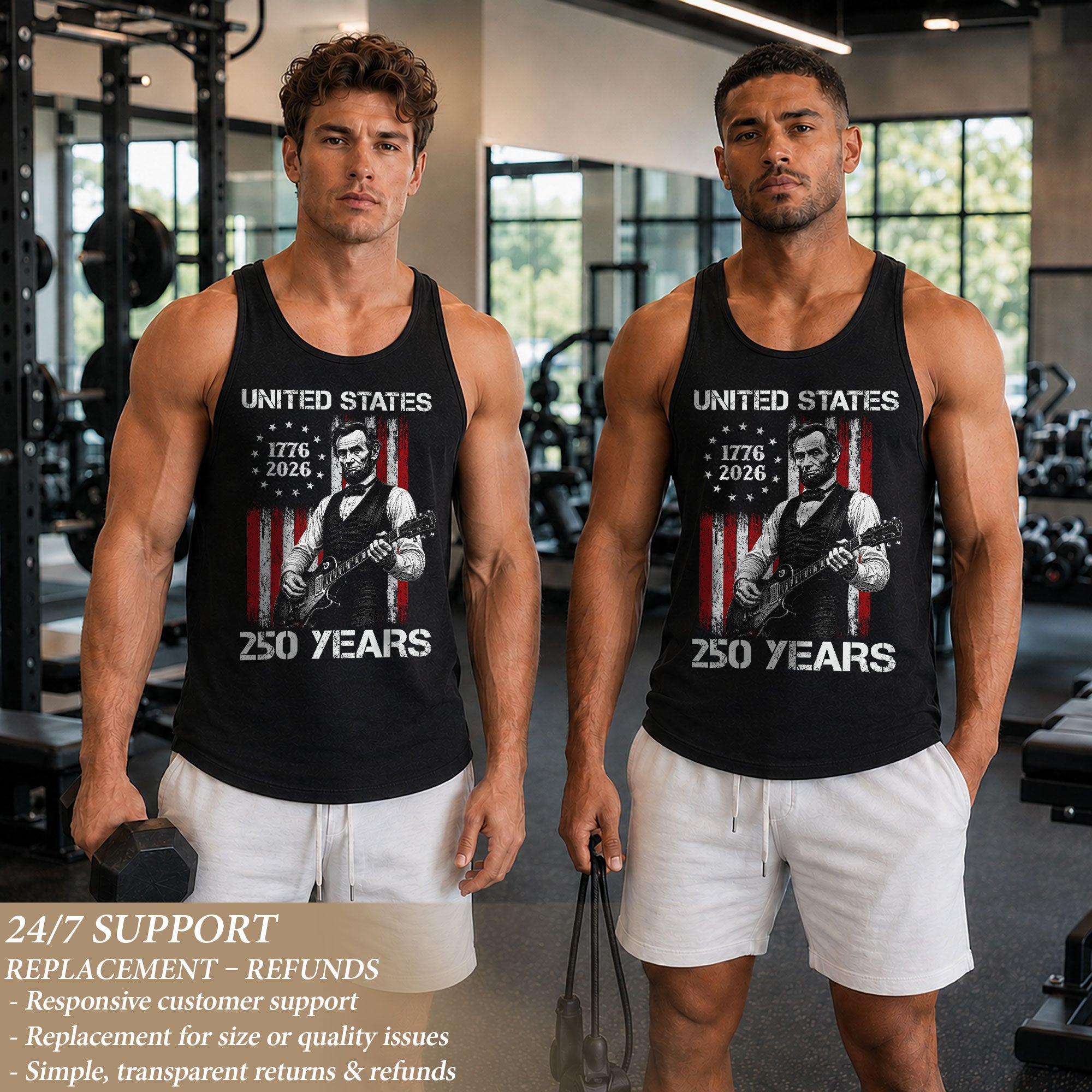 Rockstar Lincoln Guitar Tank Top 1776-2026 Patriotic Retro Men Graphic Sleeveless Shirt
