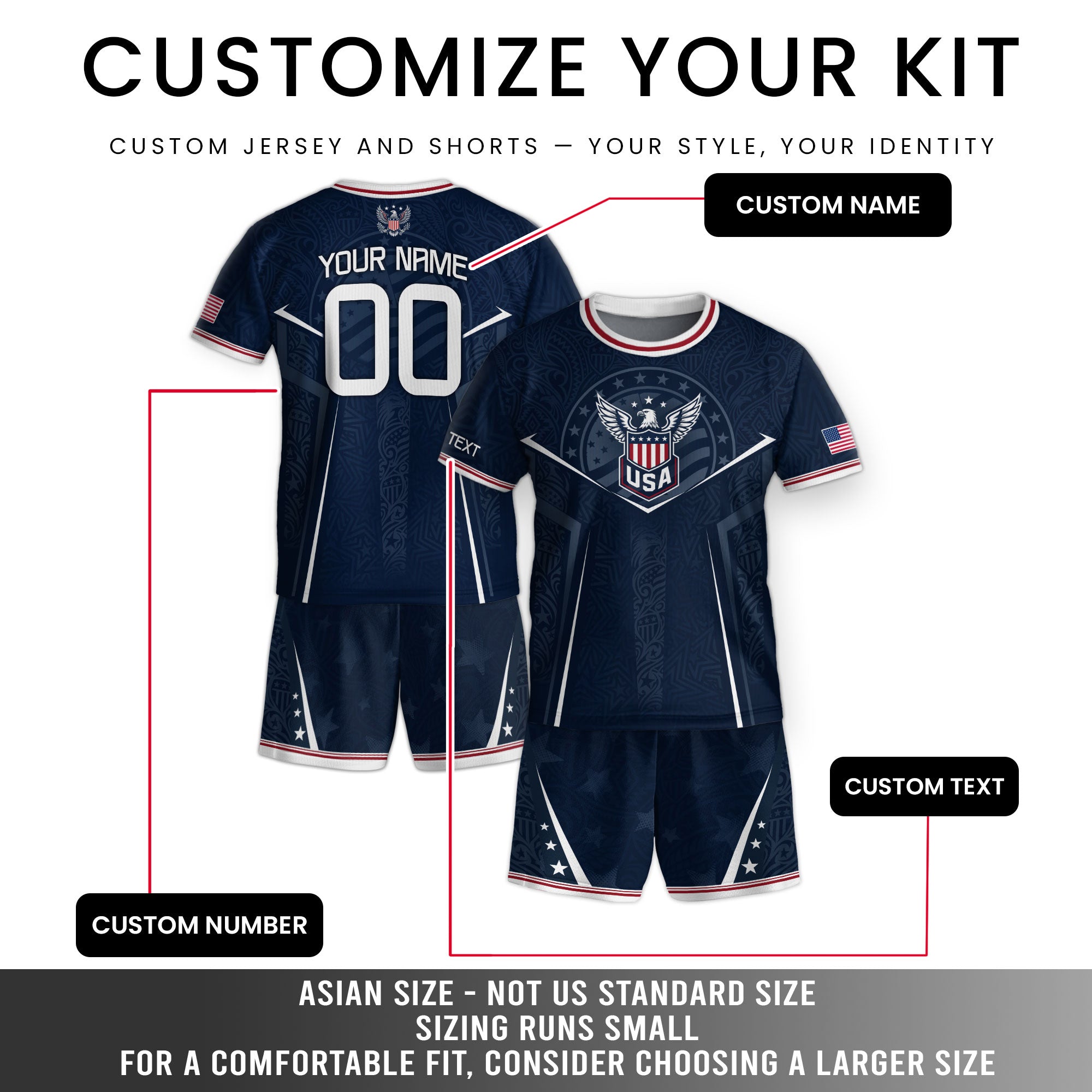 Custom Navy Blue USA Soccer Jersey and Shorts Set Kid Personalized Name and Number