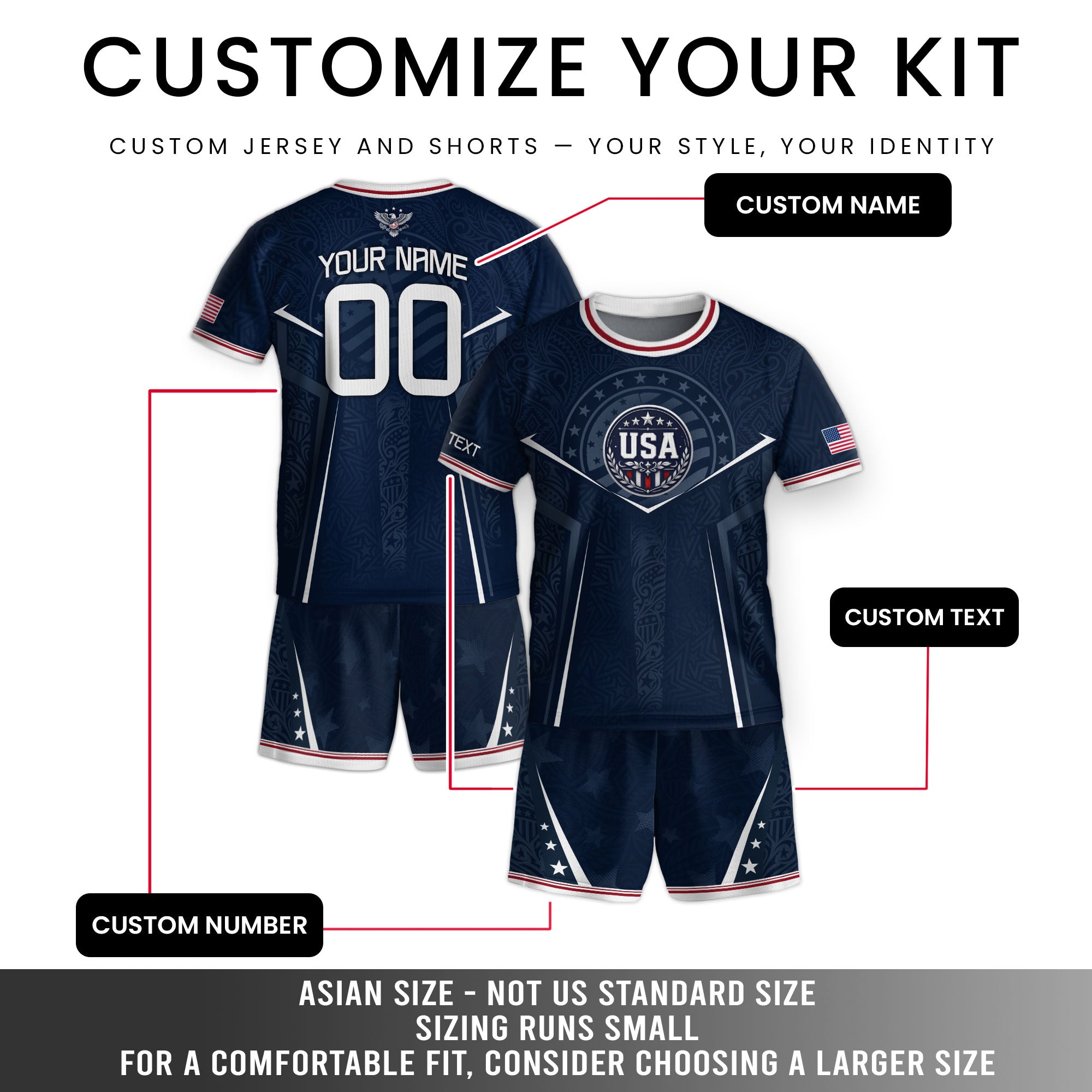 Custom Navy Blue USA Soccer Jersey and Shorts Set Kid Personalized Name and Number
