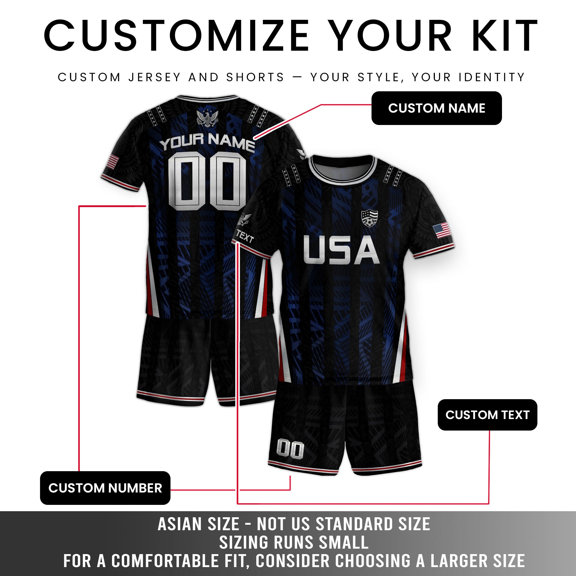 Custom Black and Blue USA Soccer Jersey Set Kid Personalized Name Number