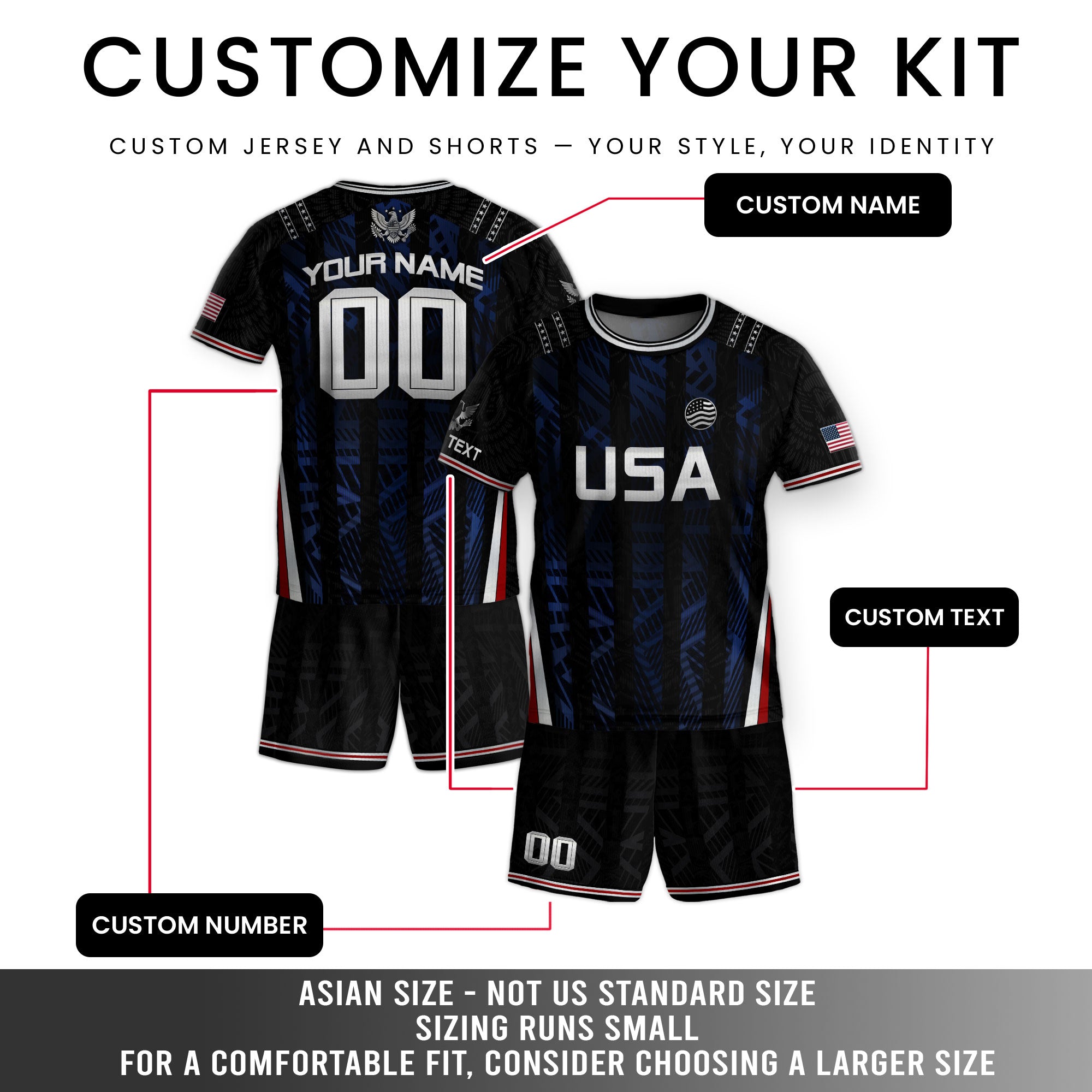 Custom Black and Blue USA Soccer Jersey Set Kid Personalized Name Number