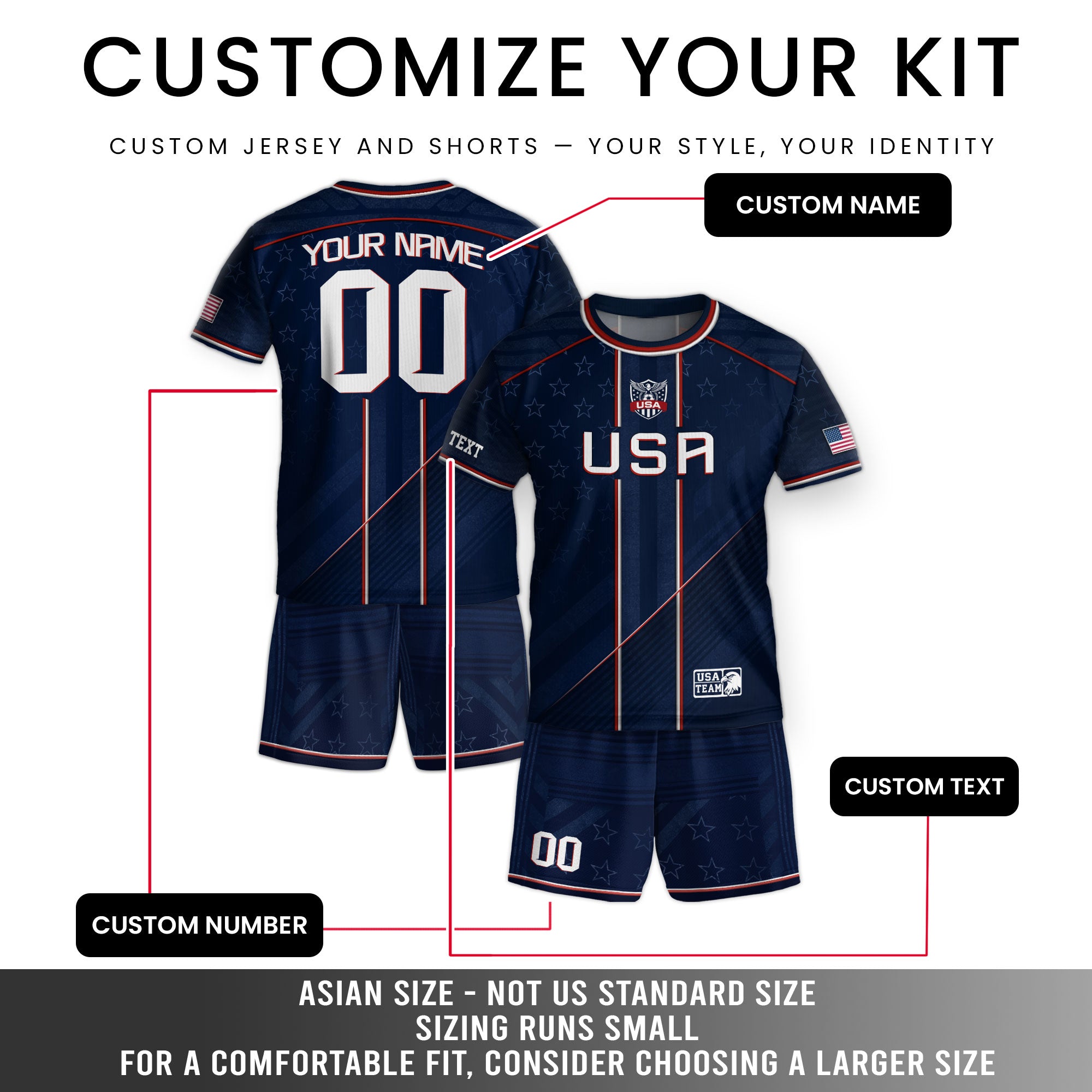 Custom Navy Blue USA Team Soccer Jersey and Shorts Kid Personalized