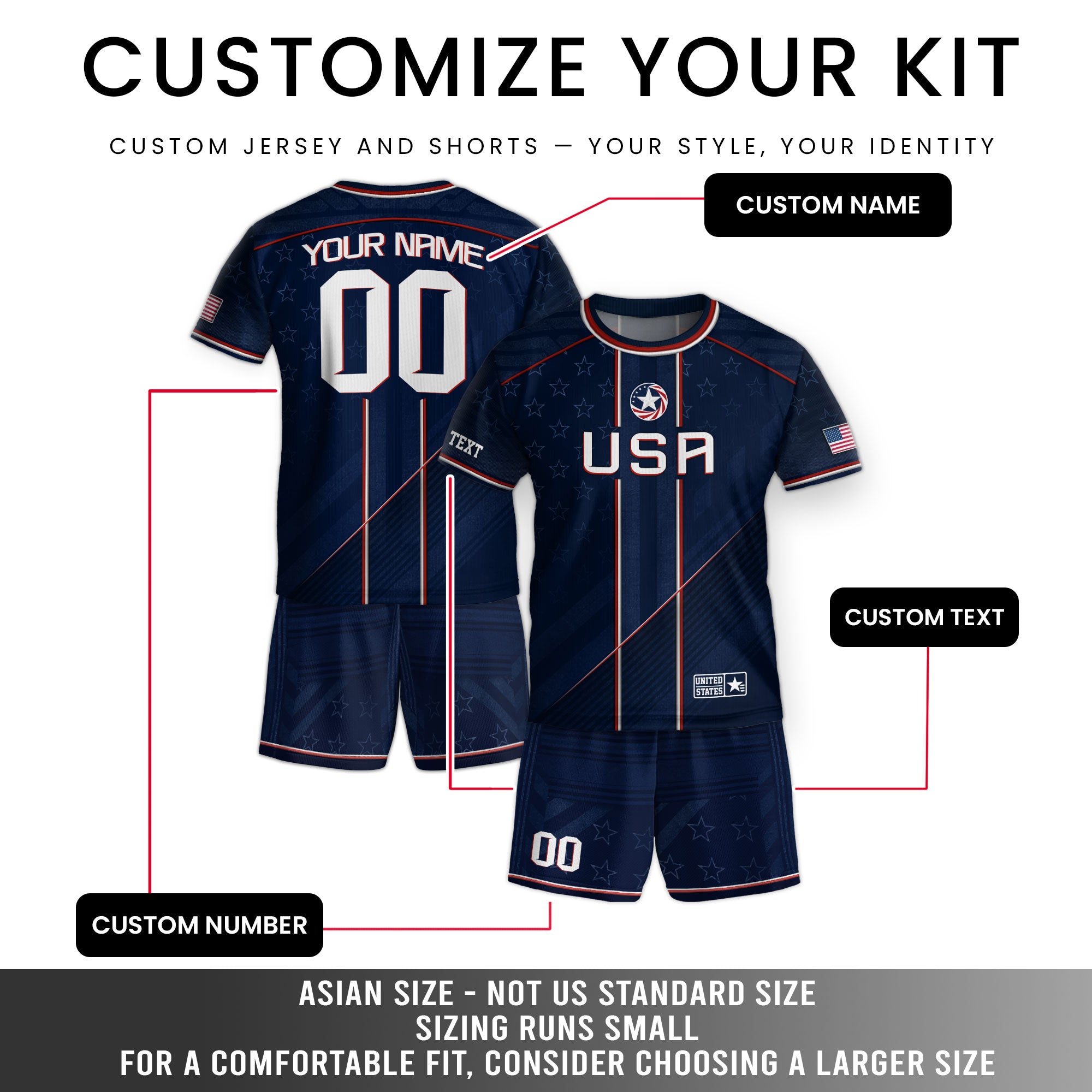 Custom Navy Blue USA Team Soccer Jersey and Shorts Kid Personalized