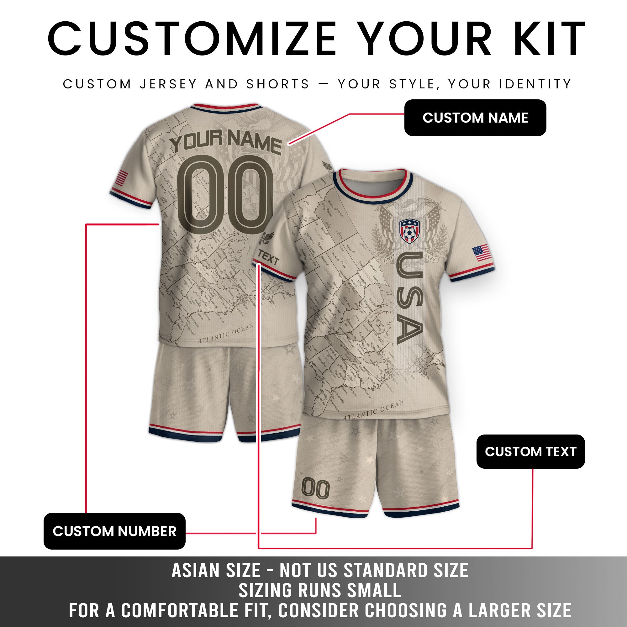 Custom Sand Beige USA Soccer Jersey and Shorts Set Kid Personalized Name and Number