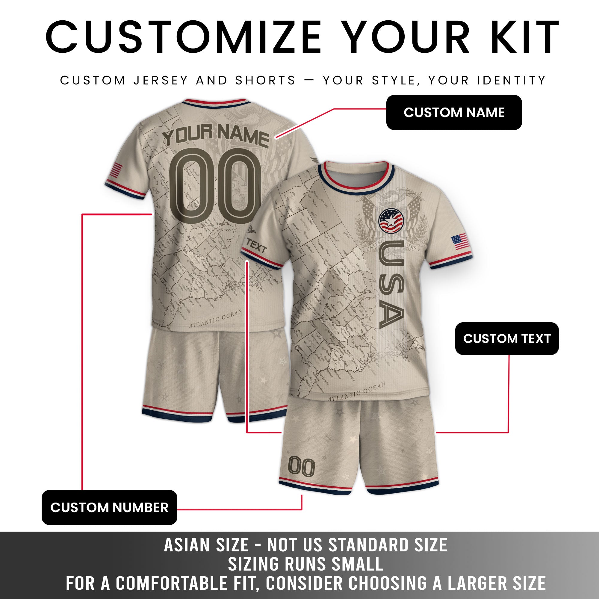 Custom Sand Beige USA Soccer Jersey and Shorts Set Kid Personalized Name and Number