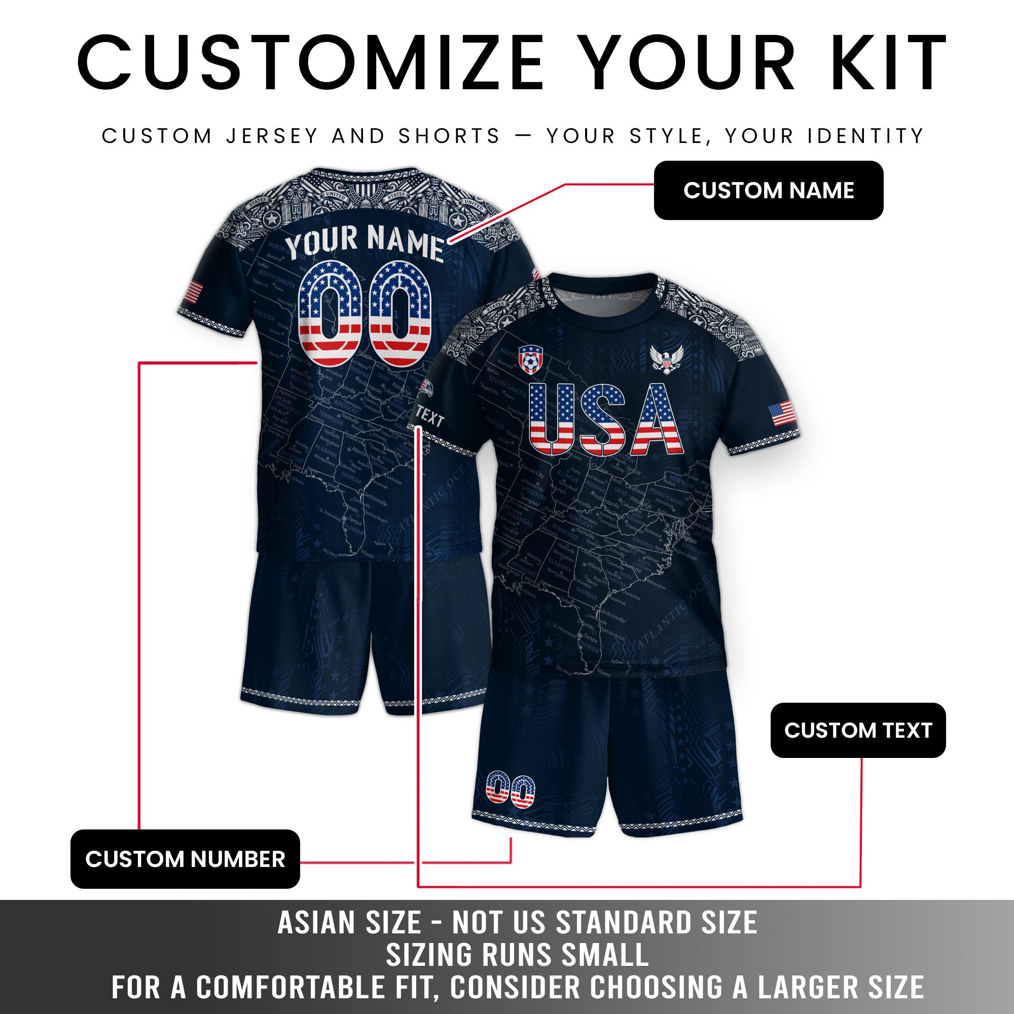 Custom Navy Blue USA Soccer Jersey and Shorts Kid Personalized Name Number