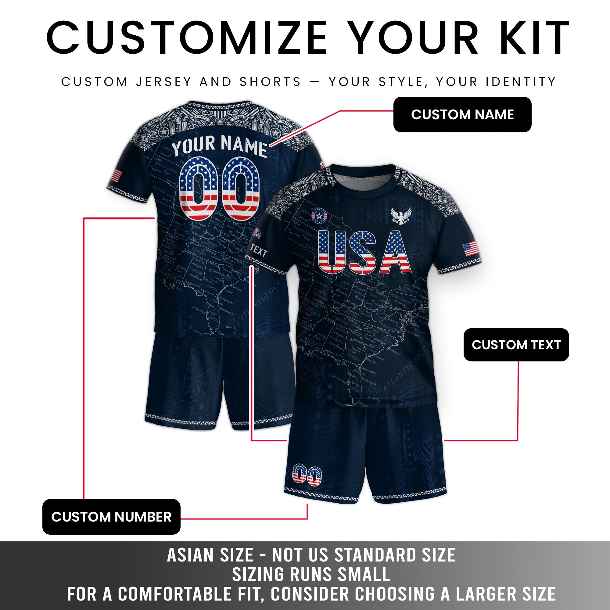 Custom Navy Blue USA Soccer Jersey and Shorts Kid Personalized Name Number