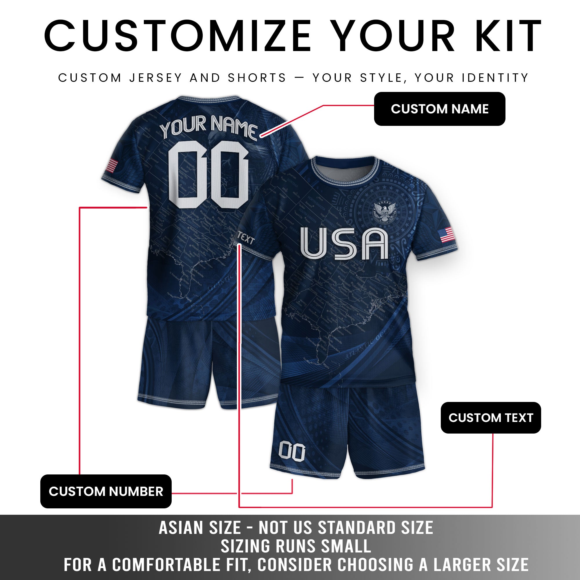 Custom Youth USA Soccer Outfit Navy Blue Jersey and Shorts with Personalized Details