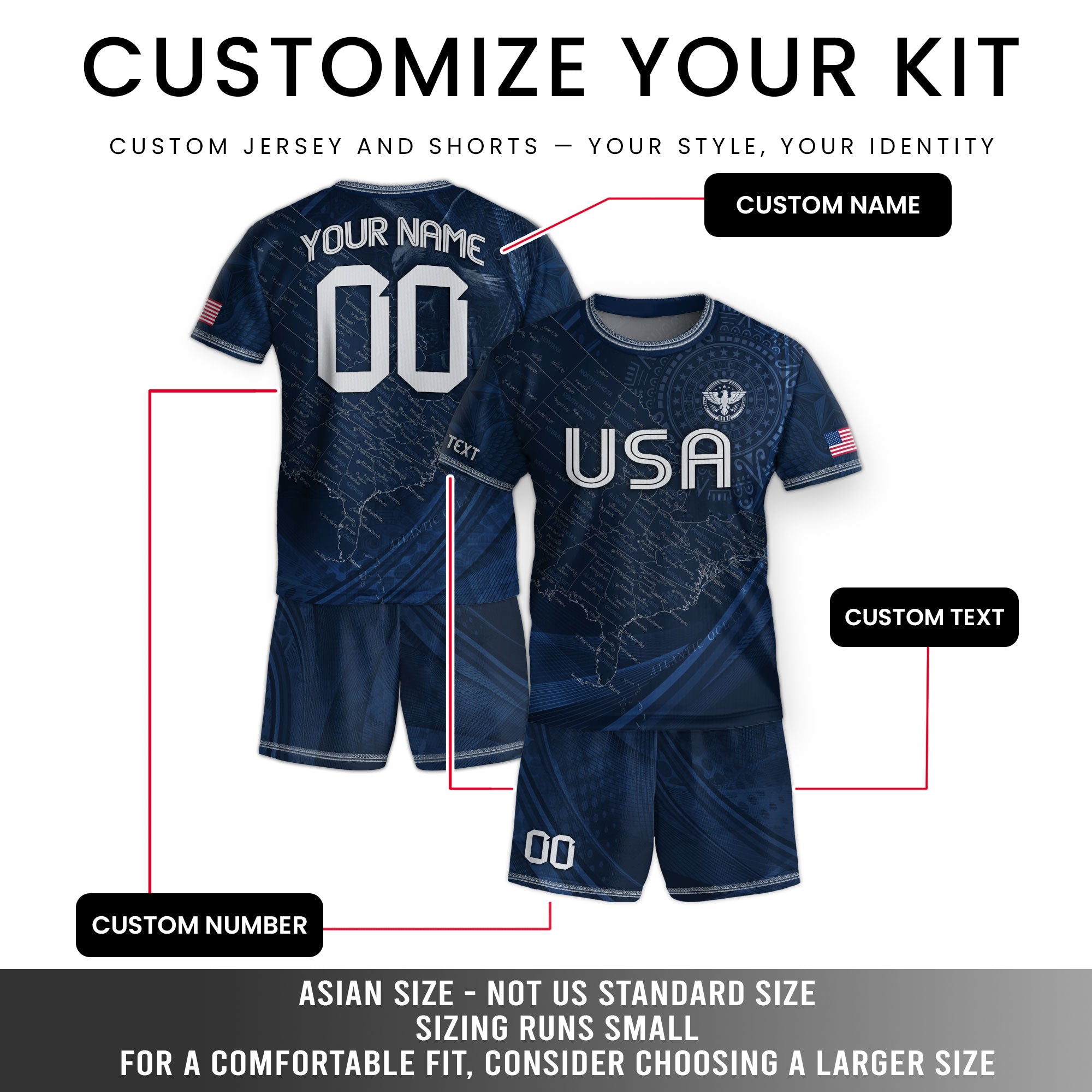 Custom Youth USA Soccer Outfit Navy Blue Jersey and Shorts with Personalized Details