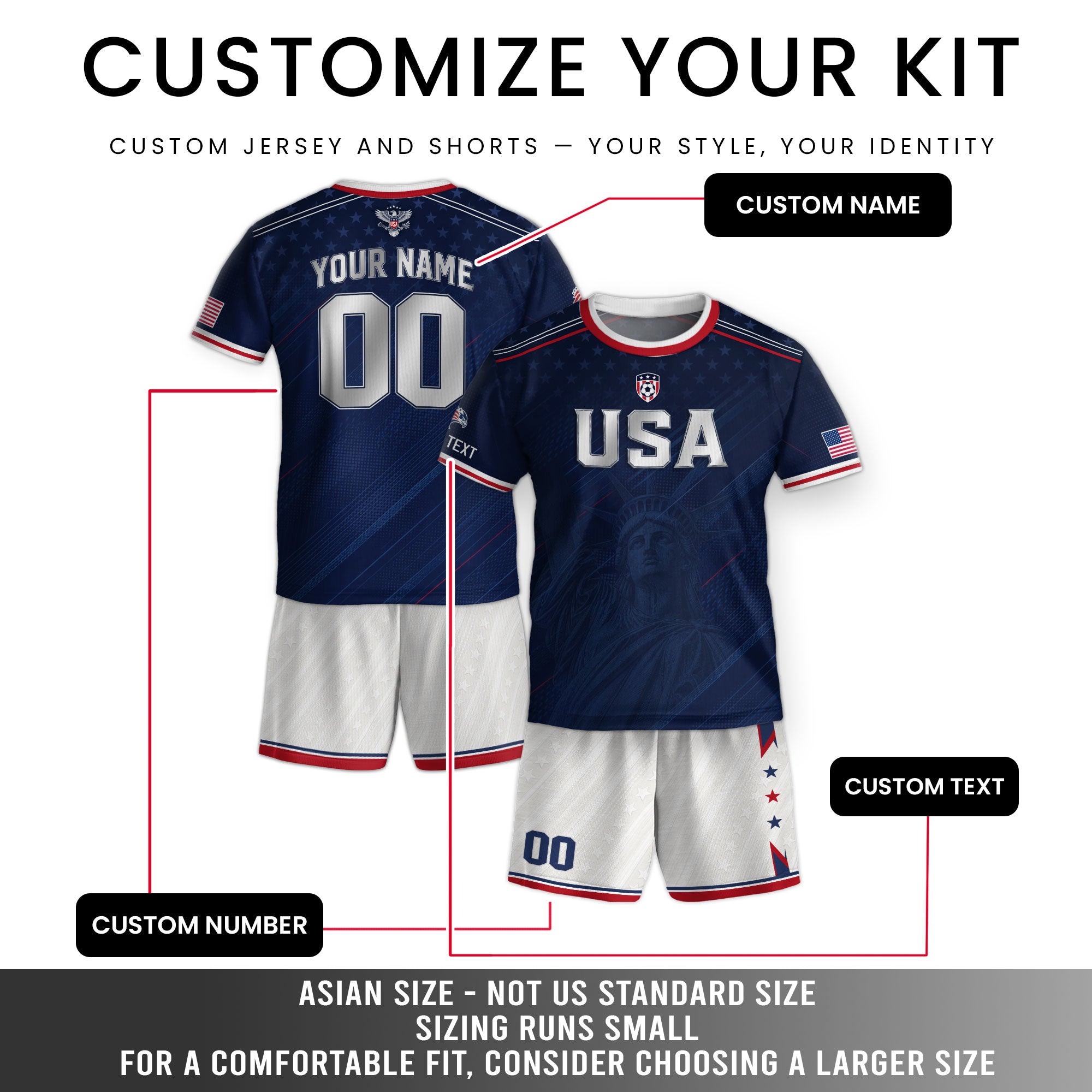 Custom USA Soccer Teamwear Set for Kids Navy and White with Personalized Name Number