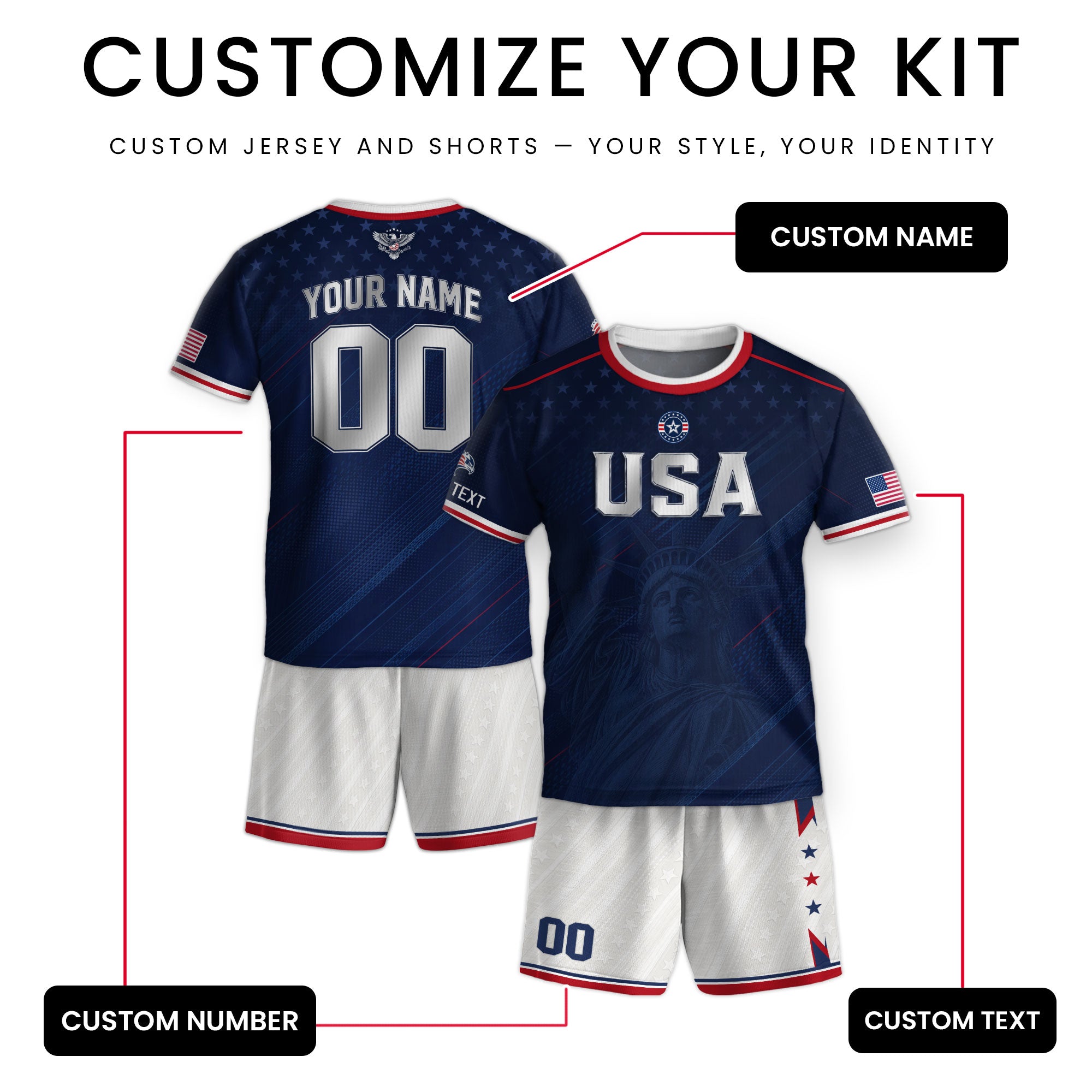 Custom USA Soccer Teamwear Set for Kids Navy and White with Personalized Name Number