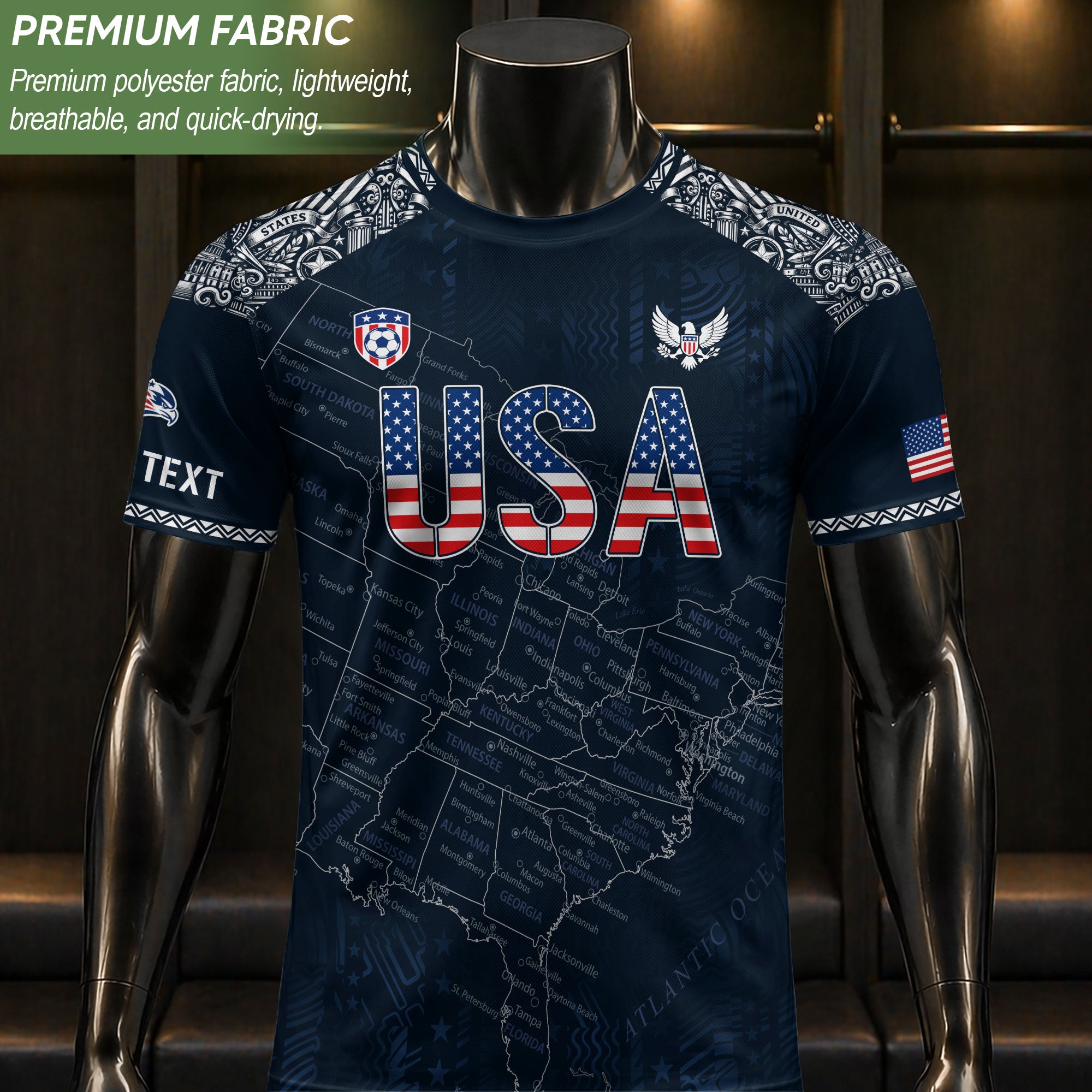 Custom Name Number USA Soccer Jersey Vintage Map Patriotic Navy Blue Football Team Shirt