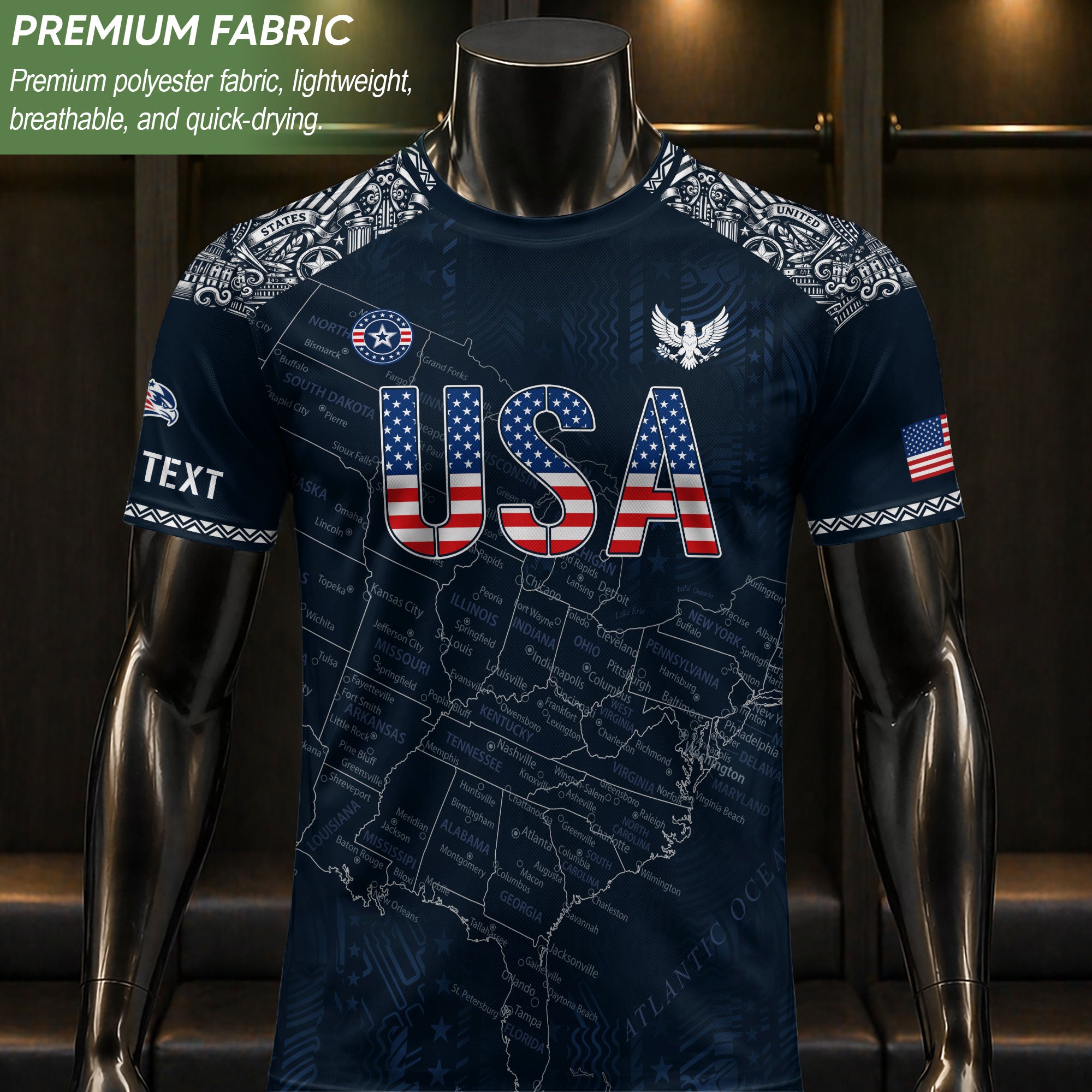 Custom Name Number USA Soccer Jersey Vintage Map Patriotic Navy Blue Football Team Shirt