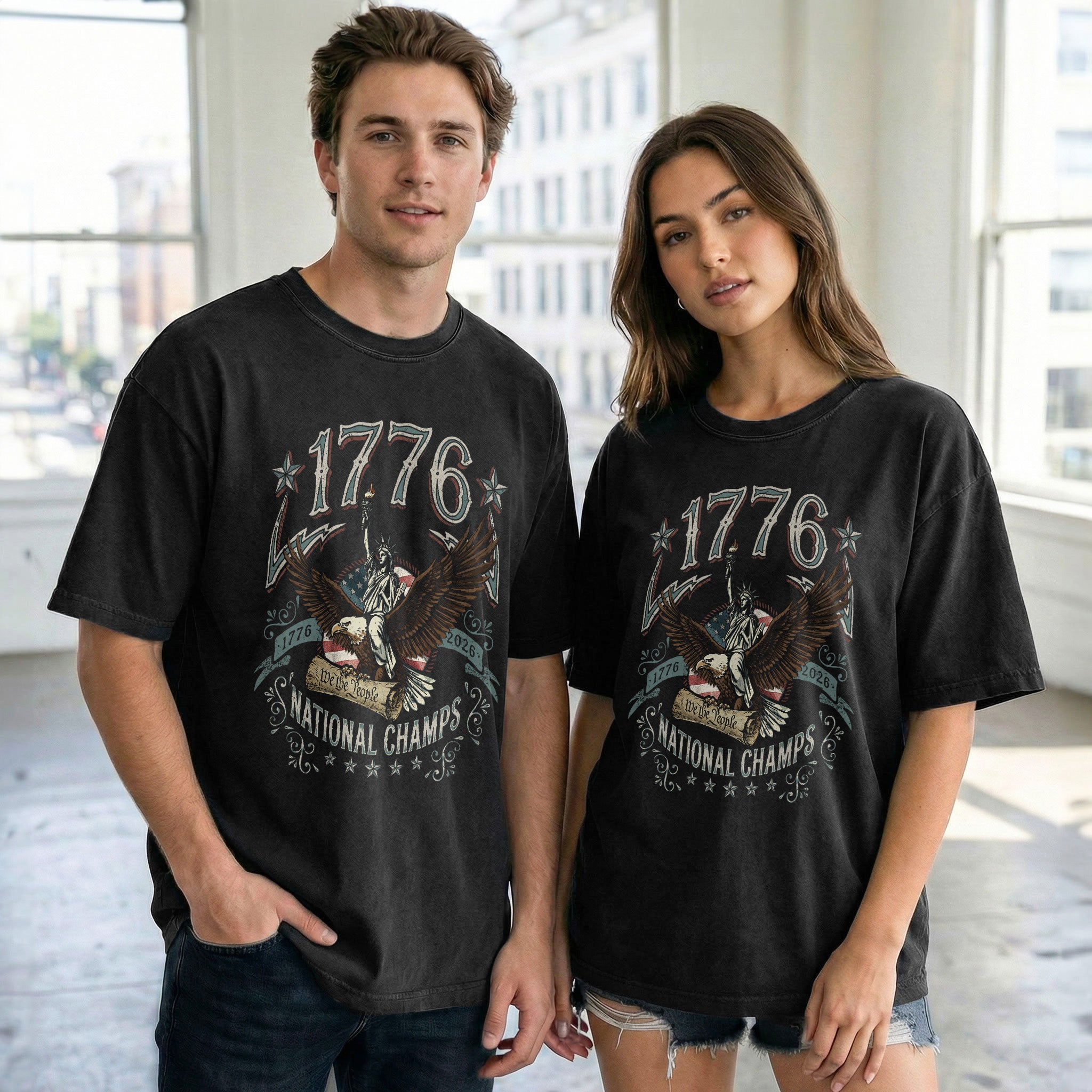 1776 National Champs Shirt Vintage Patriotic Eagle Graphic Tee 4th of July Comfort T-Shirt