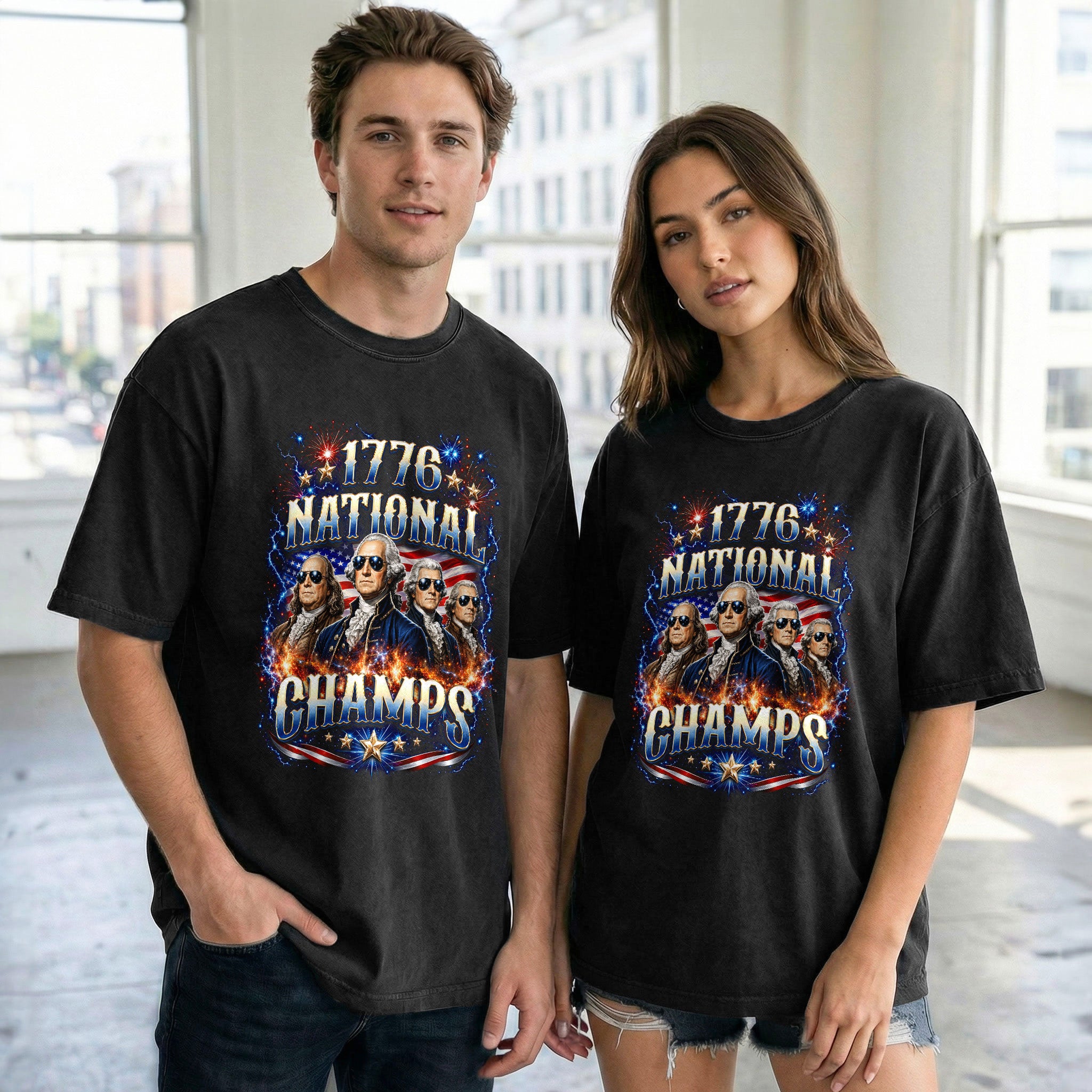 Classic 1776 National Champs Patriotic Graphic T Shirt Vintage Style Cotton Tee Top