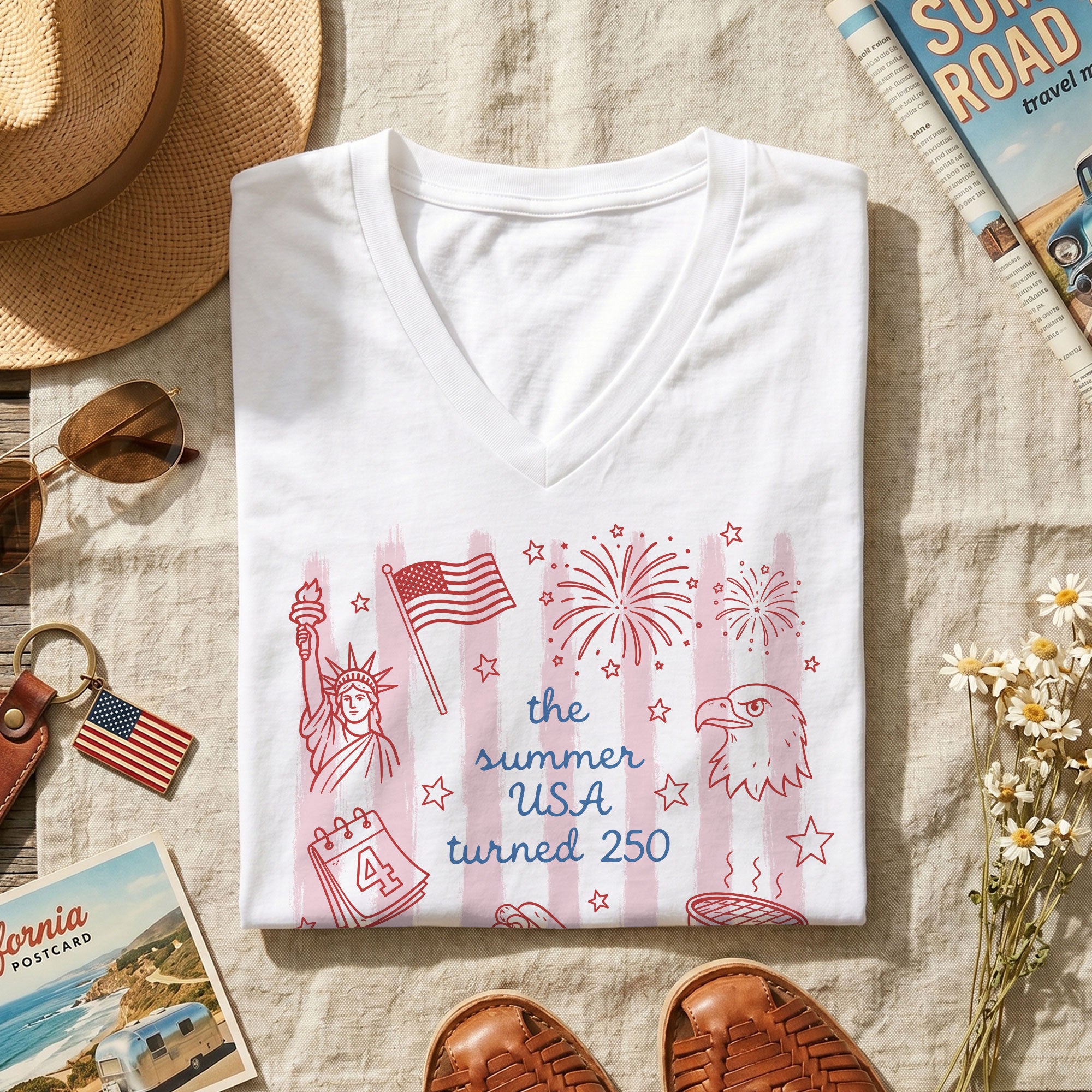 The Summer USA Turned 250 V-Neck Shirt Patriotic Women's Holiday Graphic Tee 2026