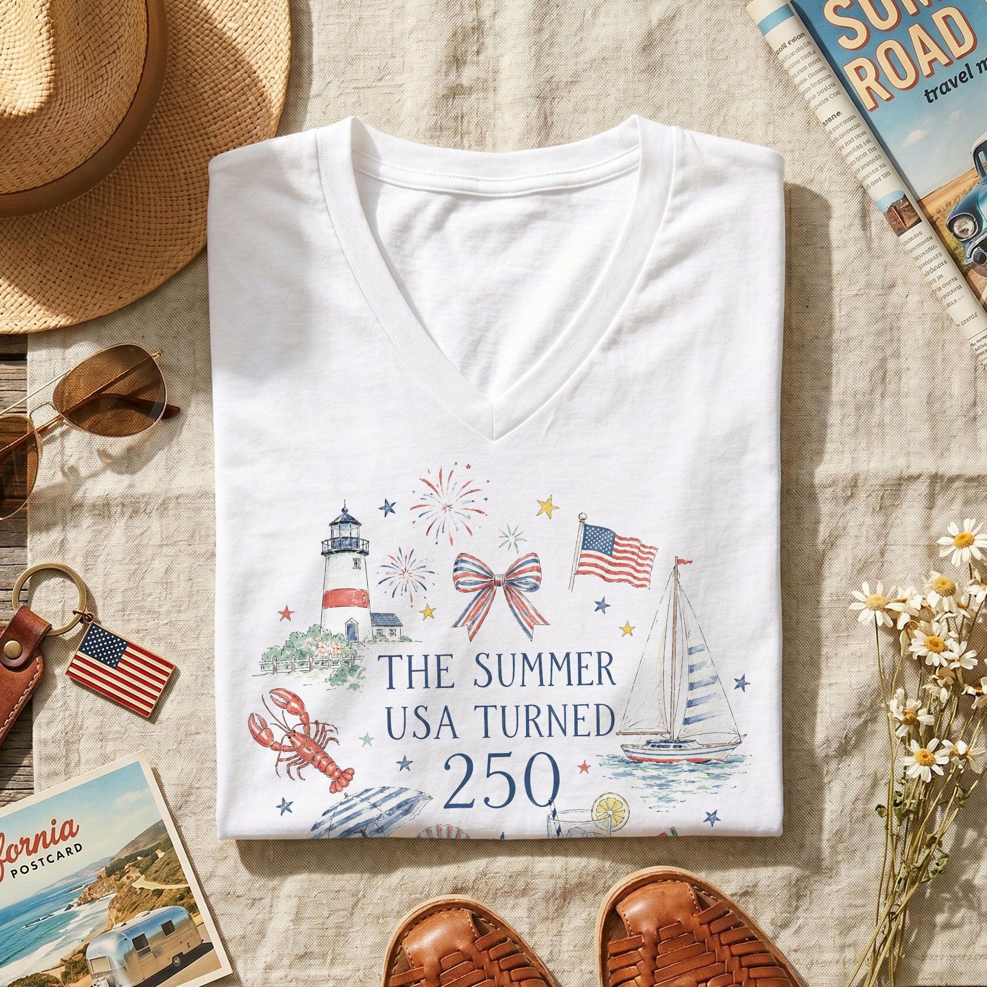 Women's V-Neck Patriotic The Summer USA Turned 250 Shirt Festive Graphic Tee Gift