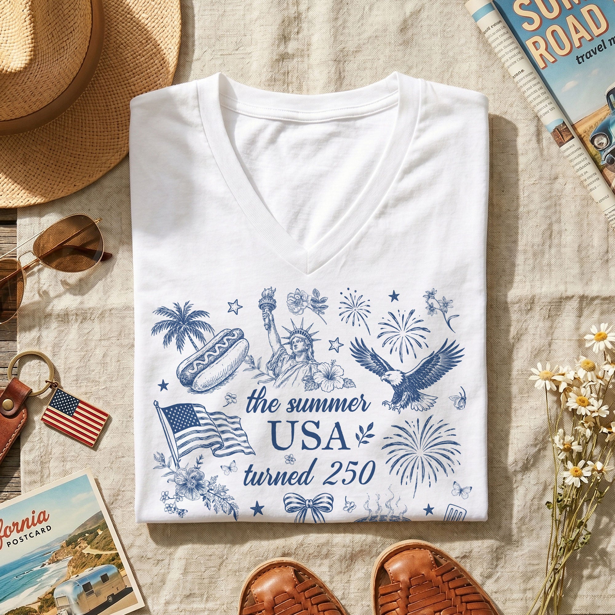 250th Anniversary V-Neck Tee Patriotic Women's The Summer USA Turned 250 Shirt